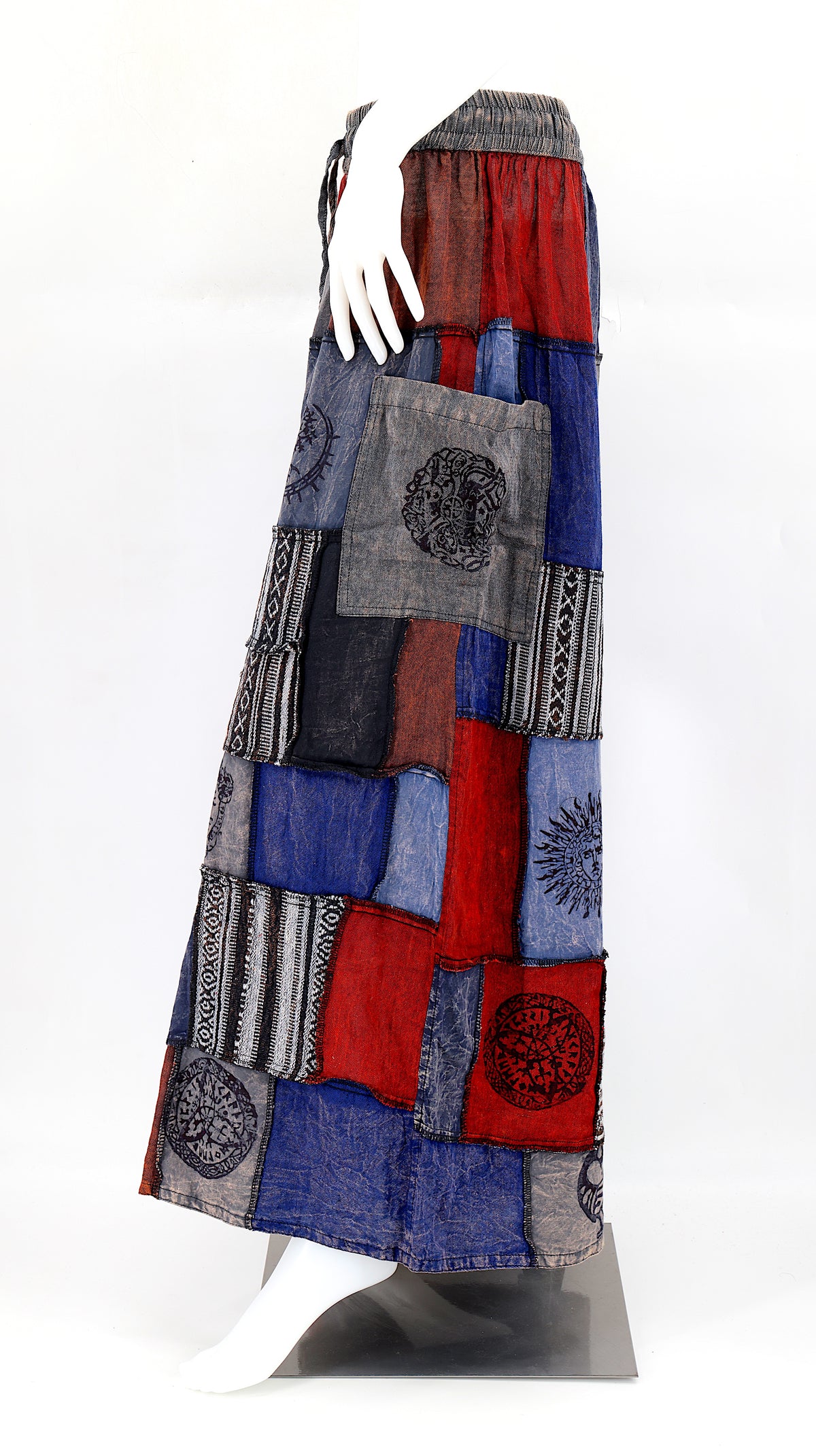 Side profile of hippie-style harem trousers with mystical Old Gods symbols and deep side pockets