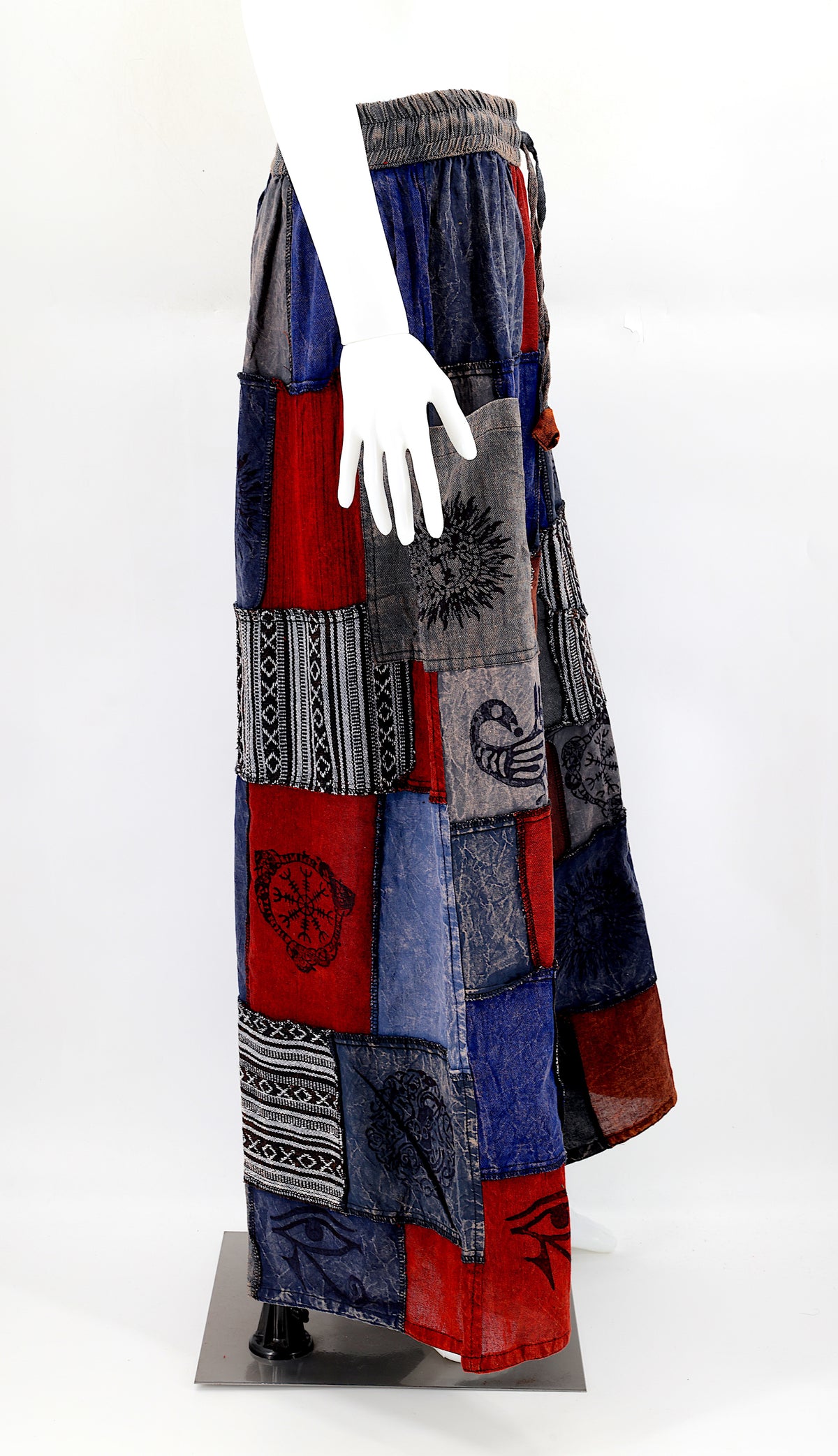 Side profile of hippie-style harem trousers with mystical Old Gods symbols and deep side pockets