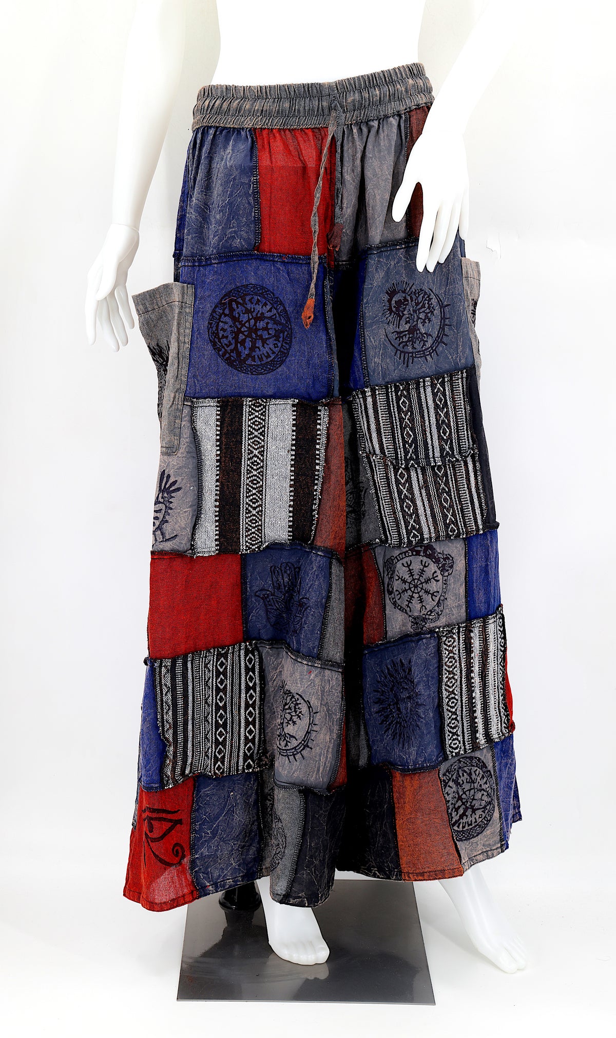 Bohemian harem pants with Old Gods symbolic patchwork and wide-leg design, handmade from natural cotton