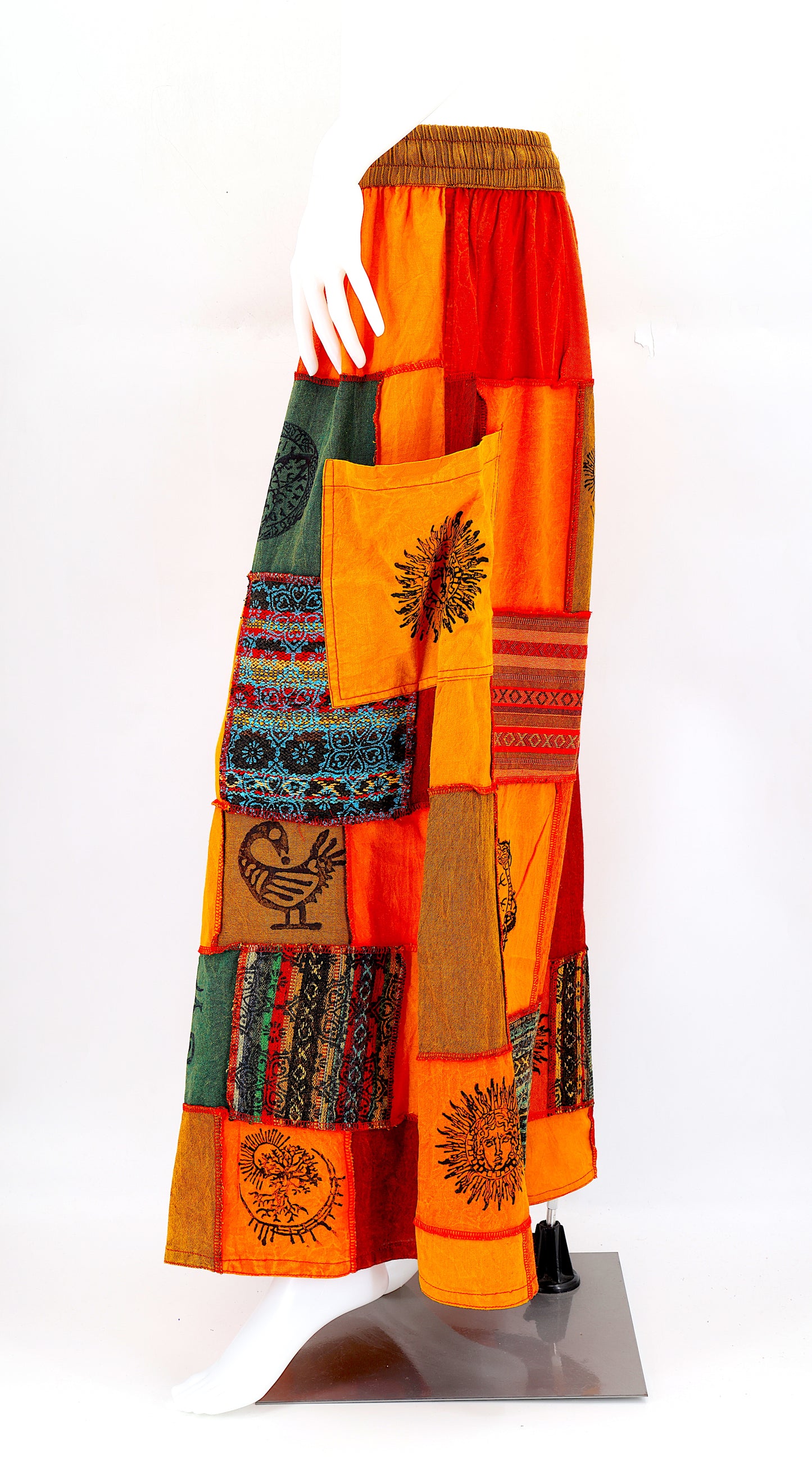 Side profile of hippie-style harem trousers with mystical Old Gods symbols and deep side pockets