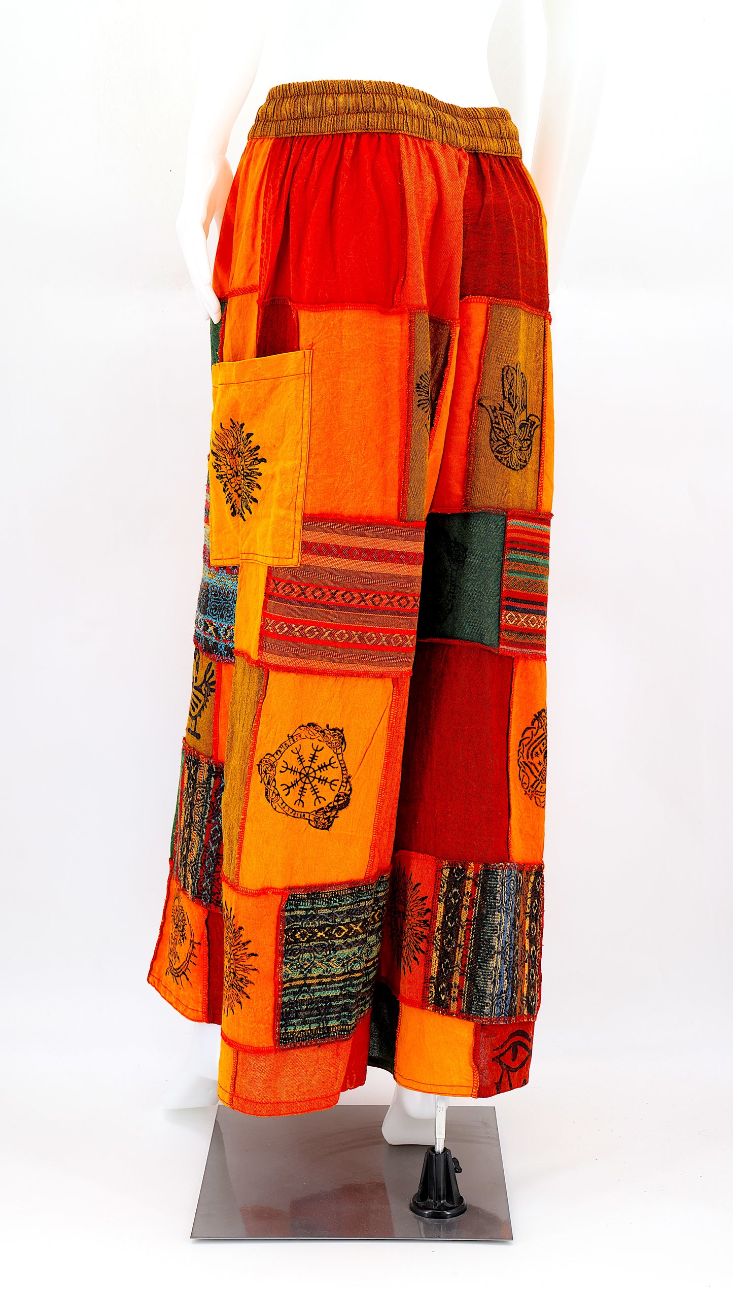Cotton Hippie Handmade Harem Overlock Old Gods Symbols Patchwork Wide Leg Bohemian Pants, Palazzo Pants