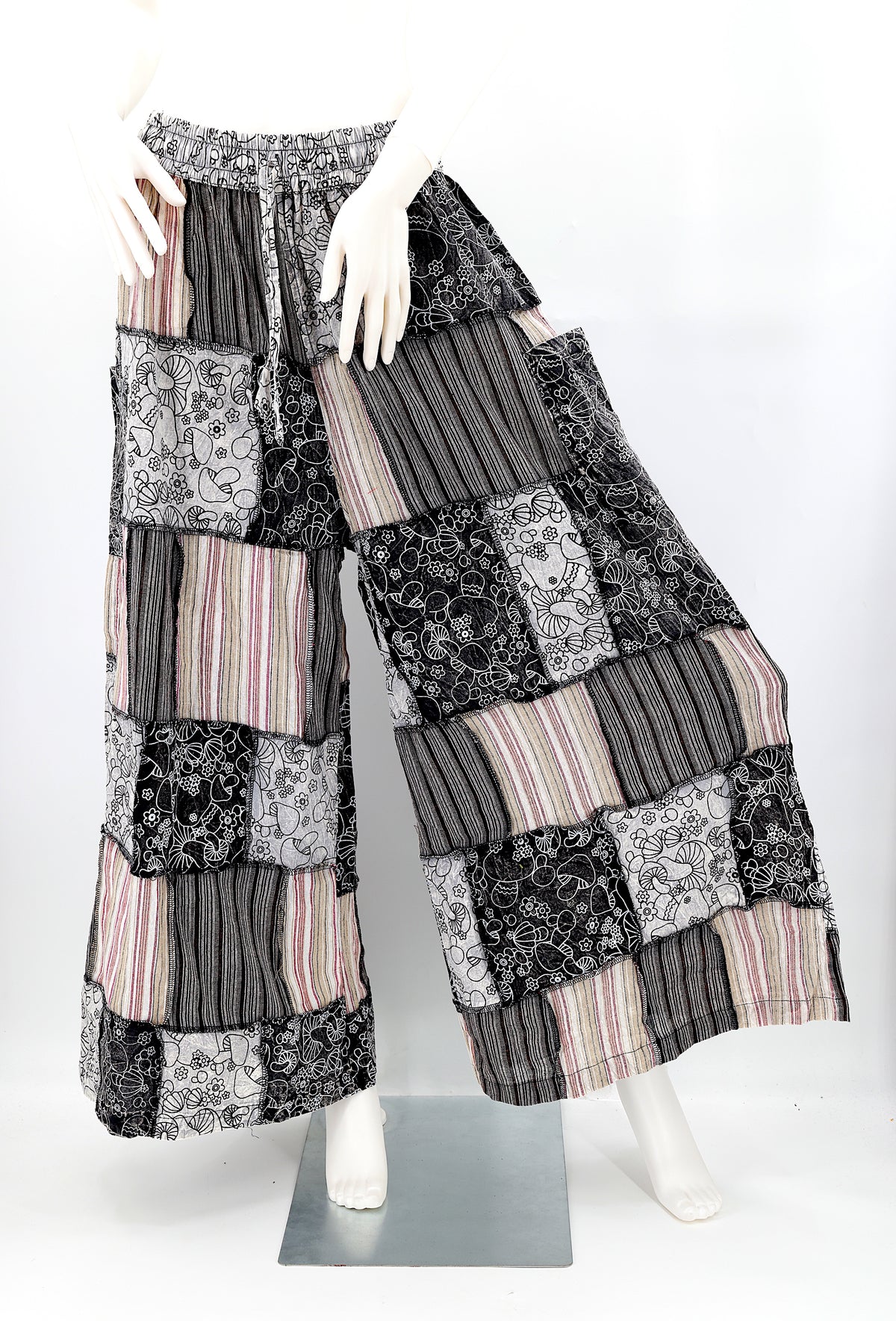 Handmade mushroom design patchwork harem pants with wide-leg silhouette in natural cotton