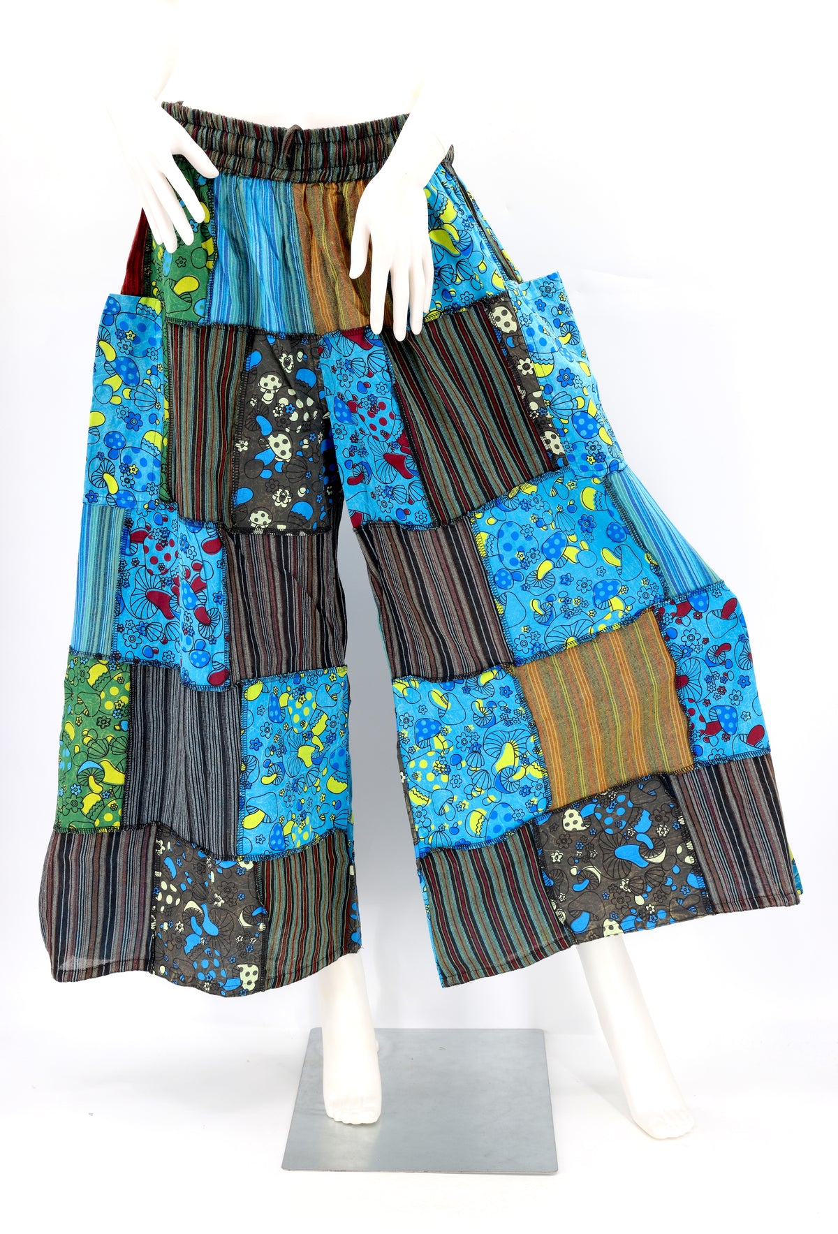 Handmade mushroom design patchwork harem pants with wide-leg silhouette in natural cotton