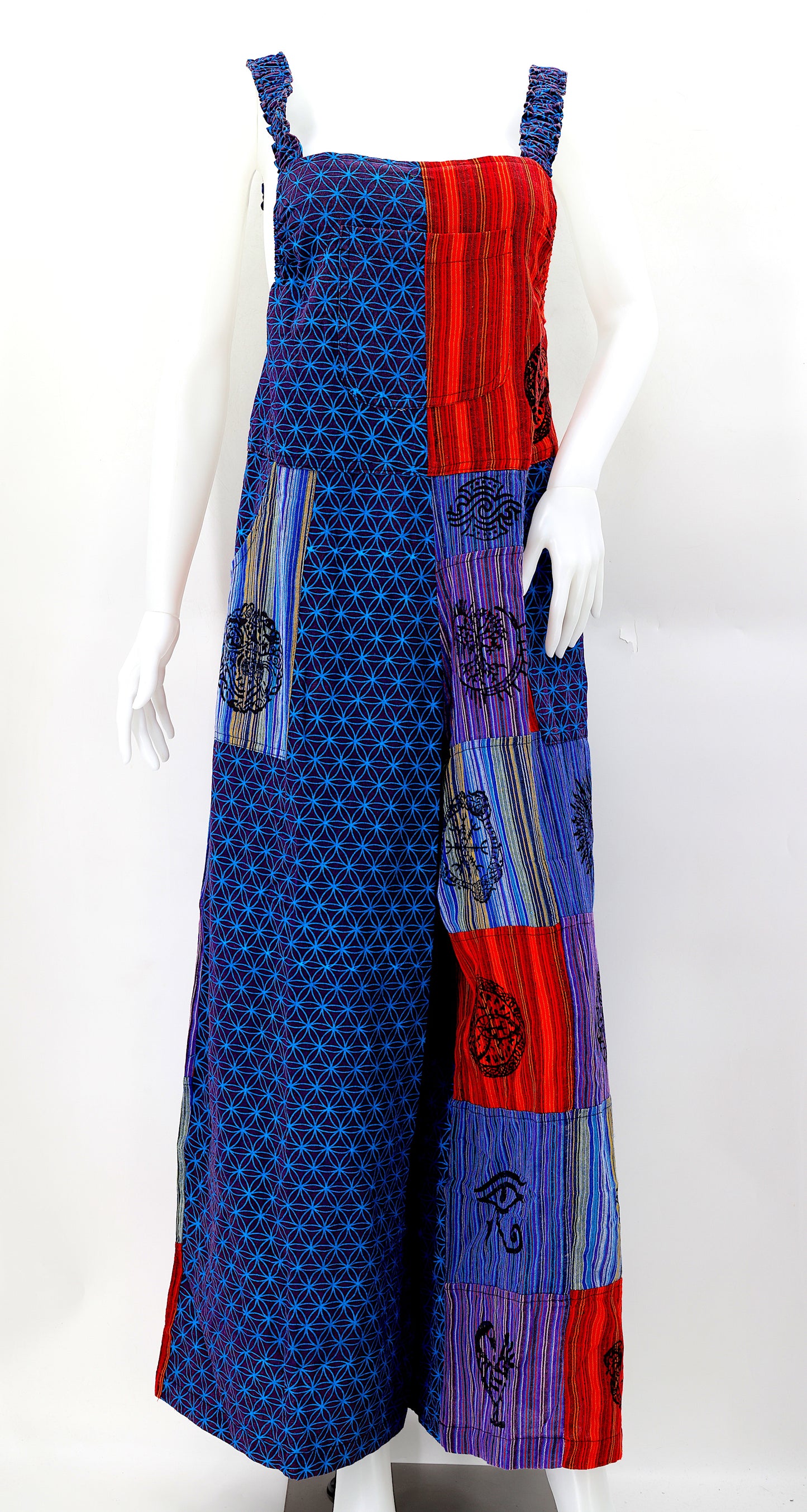 Cotton Hippie Handmade Flower of Life And Pagan Symbols Block Print Patchwork Wide Leg Bohemian Overalls