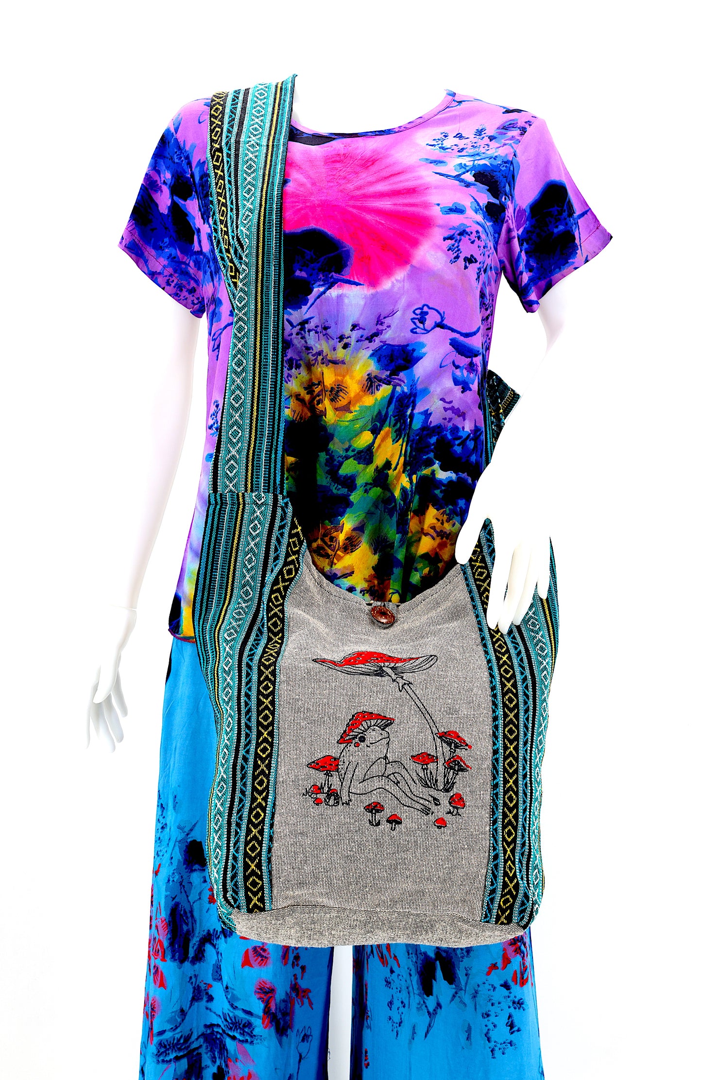 Cotton Frog Mushroom Print Handmade Crossbody Bag