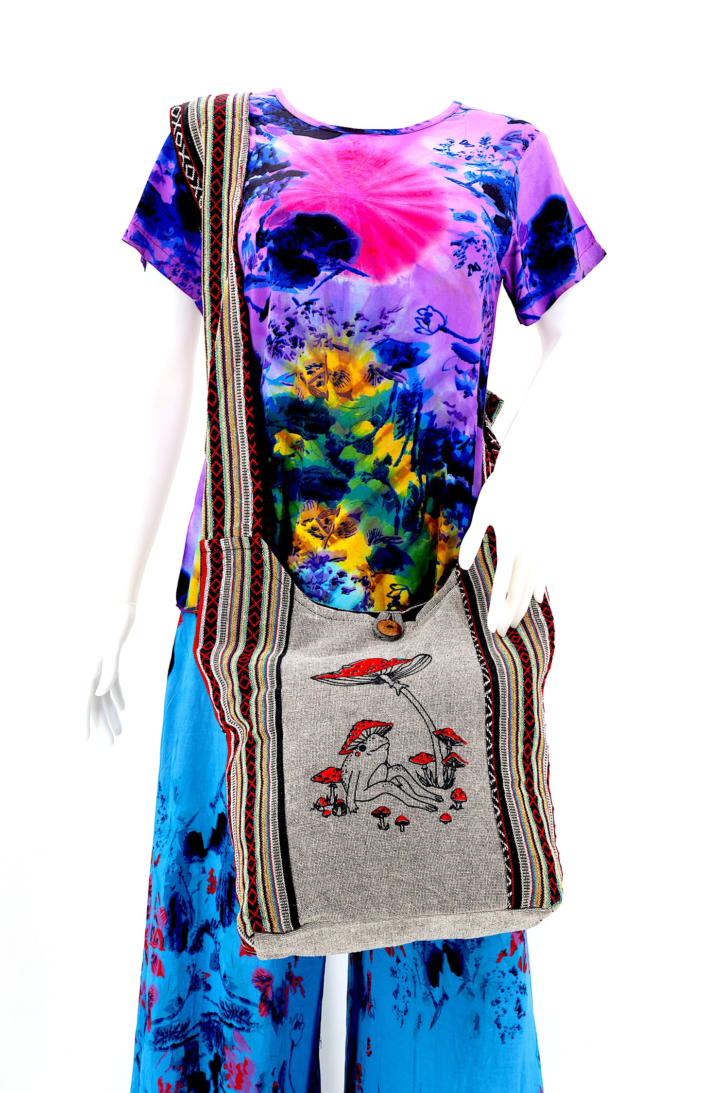 Cotton Frog Mushroom Print Handmade Crossbody Bag