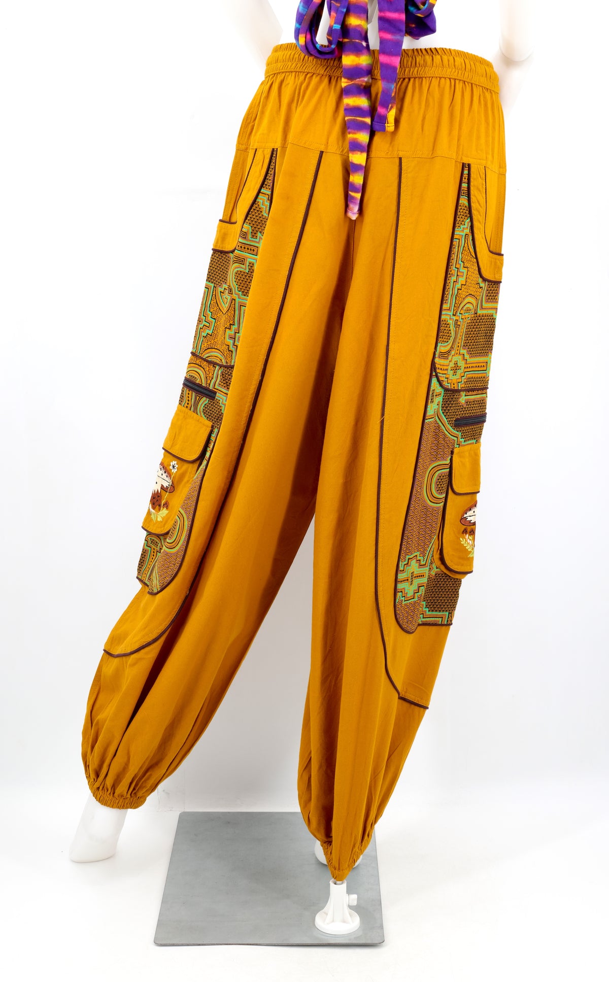 Geometrische Tribal-Haremshose mit mehreren Taschen | Handbestickte Baumwollhose mit Pilzmotiv