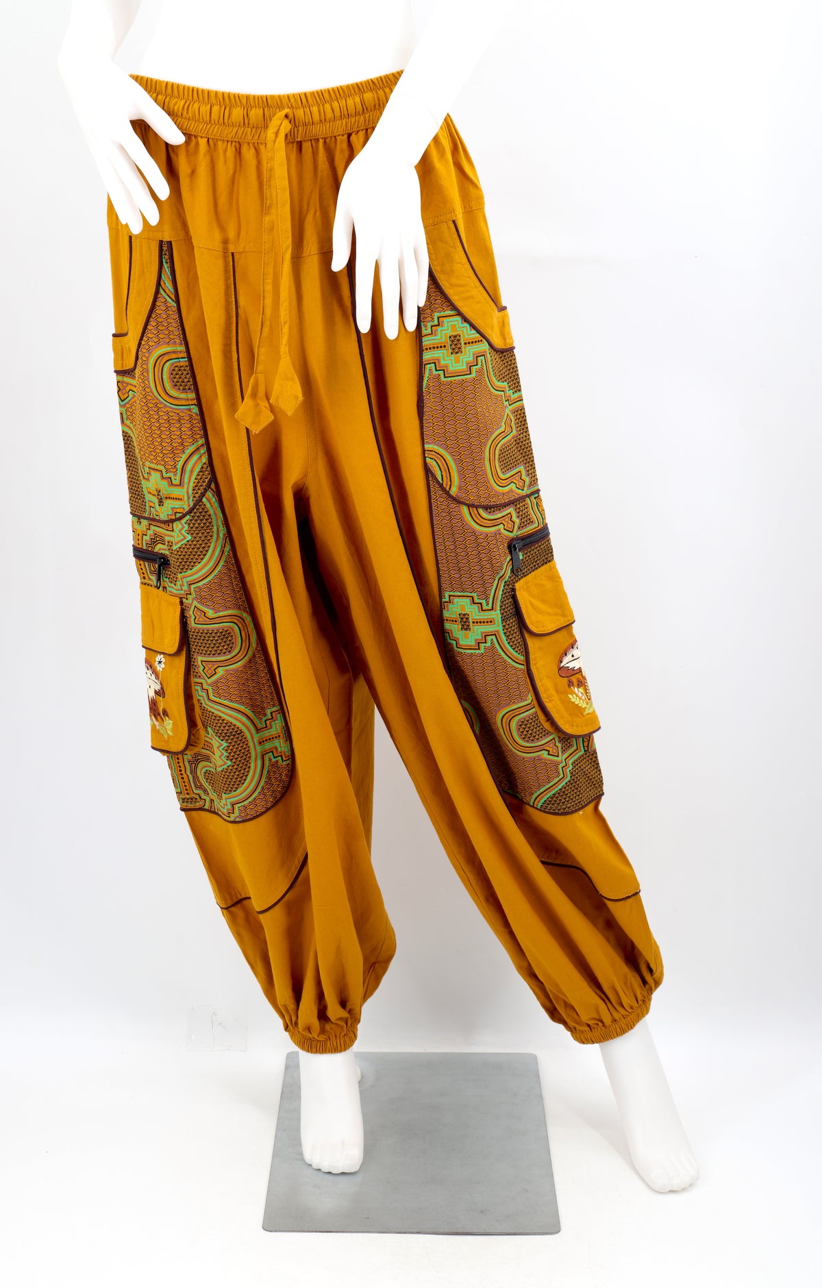 Geometrische Tribal-Haremshose mit mehreren Taschen | Handbestickte Baumwollhose mit Pilzmotiv