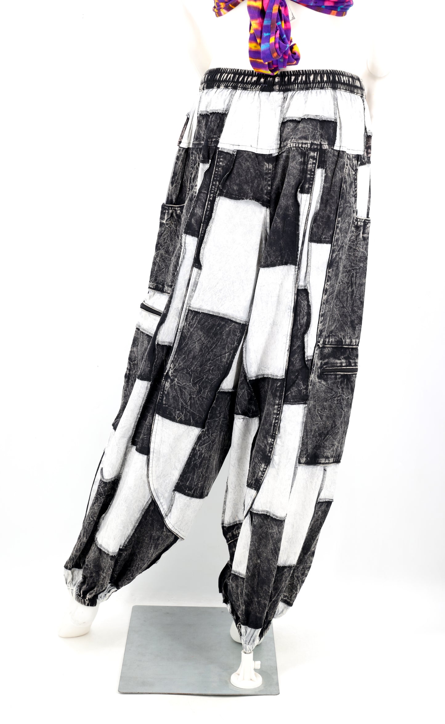 Stone-Washed Patchwork Multi-Pocket Harem Pants | Hand-Stitched Cotton