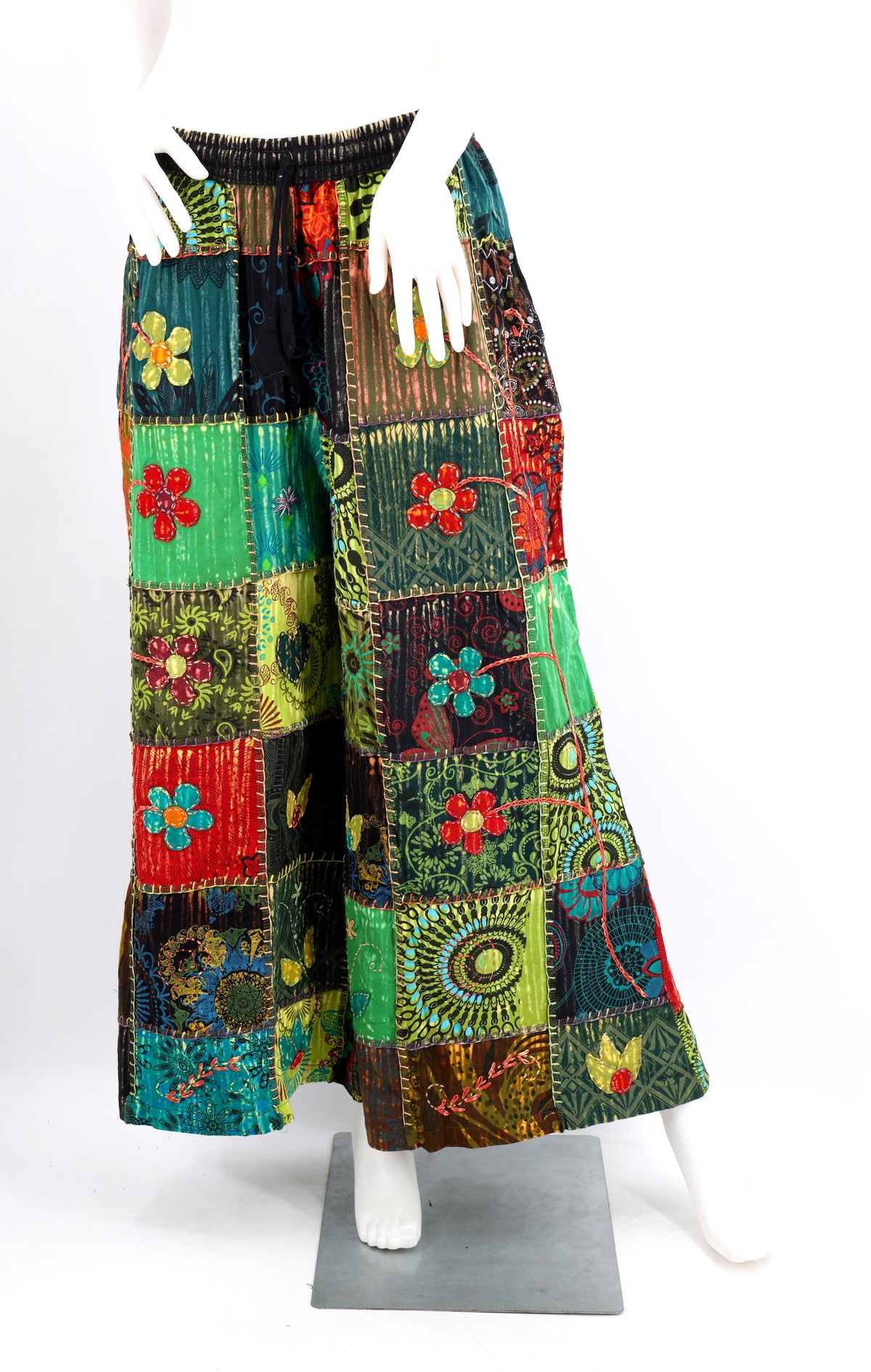 Florale bestickte Patchwork-Palazzo-Hose | Weites Baumwollbein