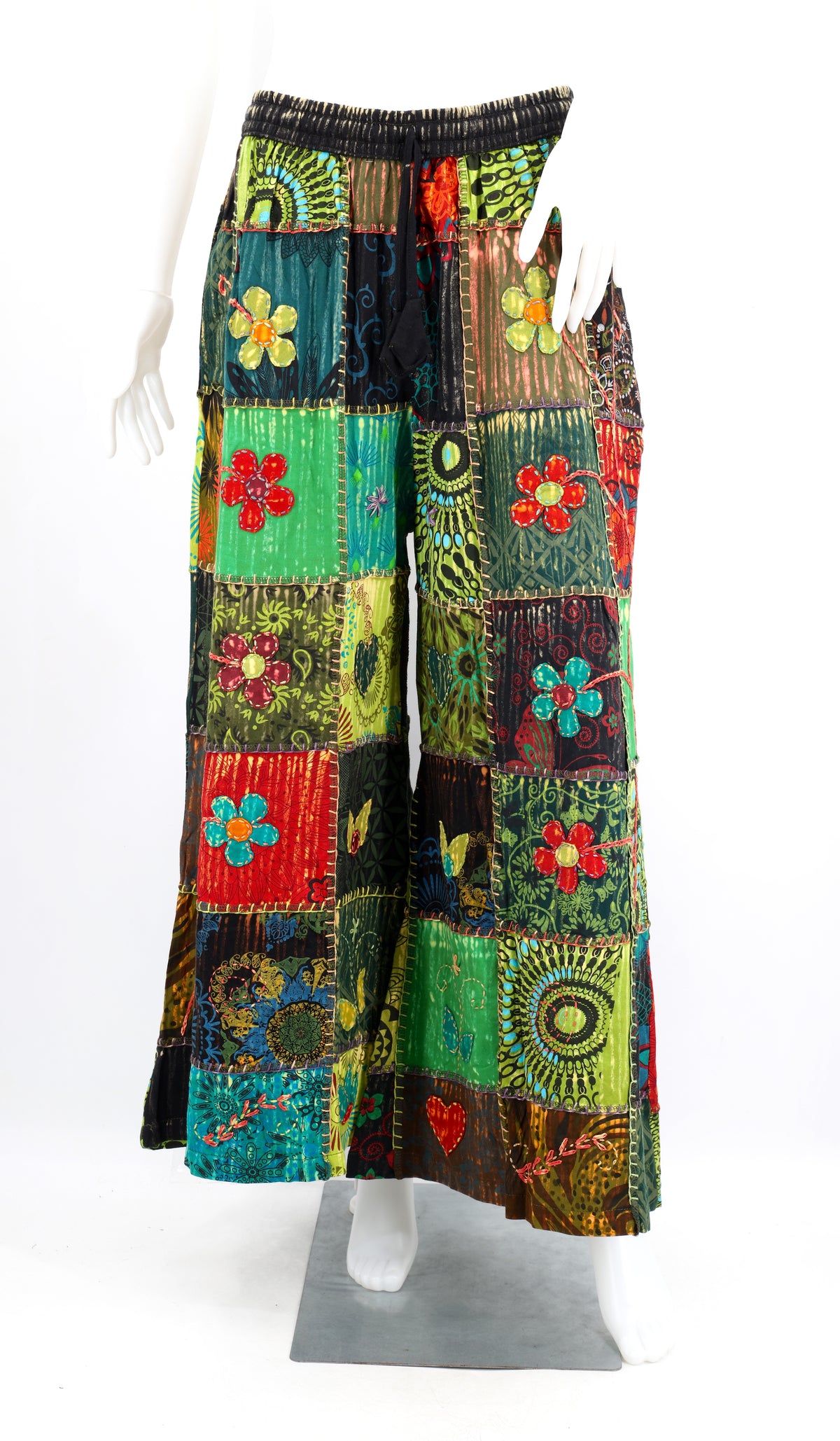 Florale bestickte Patchwork-Palazzo-Hose | Weites Baumwollbein