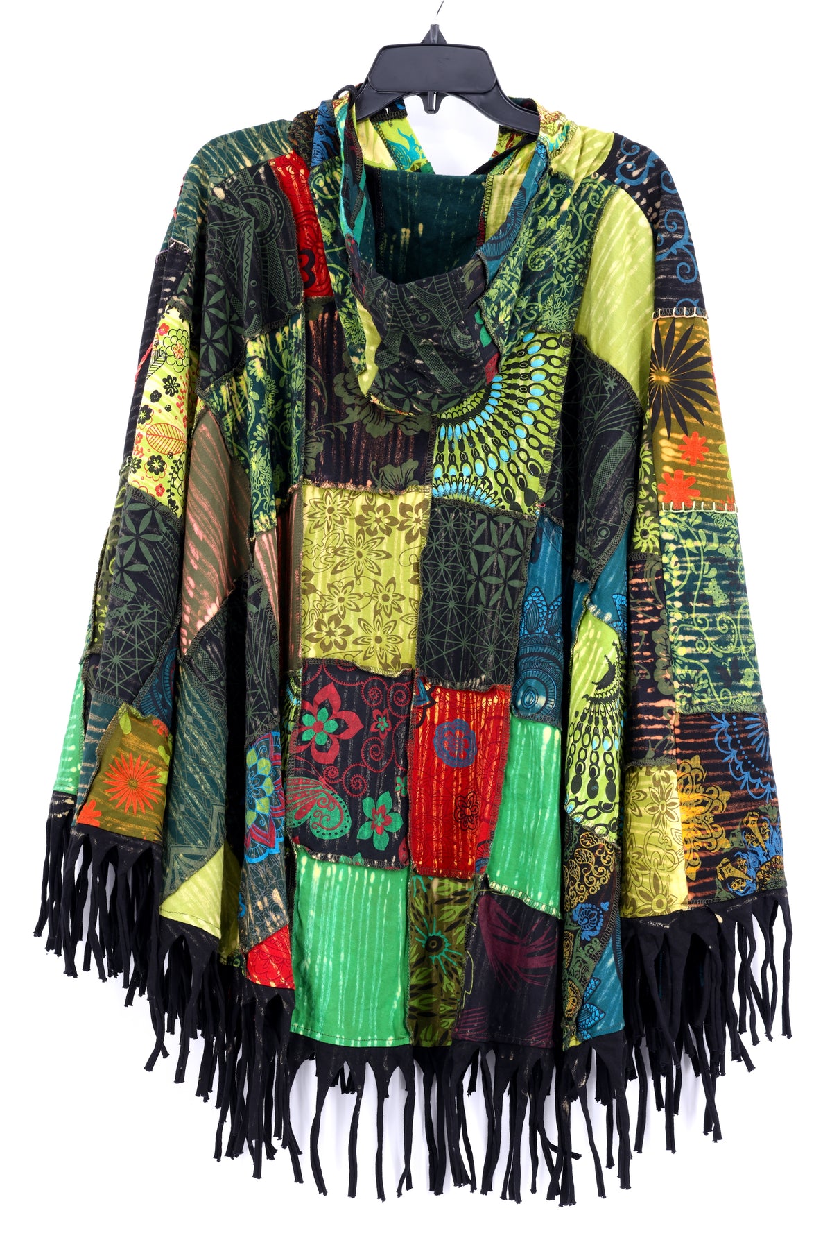 Floral Embroidered Patchwork Poncho | Hooded Fringe Cotton
