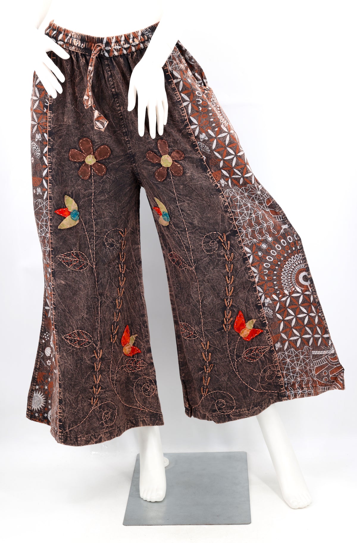 Pantalon palazzo multicolore à motifs brodés floraux | Pantalon large en coton