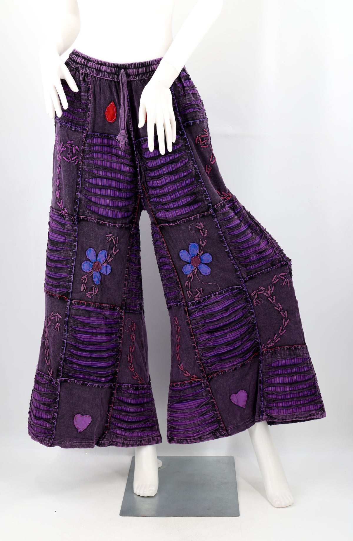 Pantalon palazzo patchwork à broderies florales | Pantalon large en coton