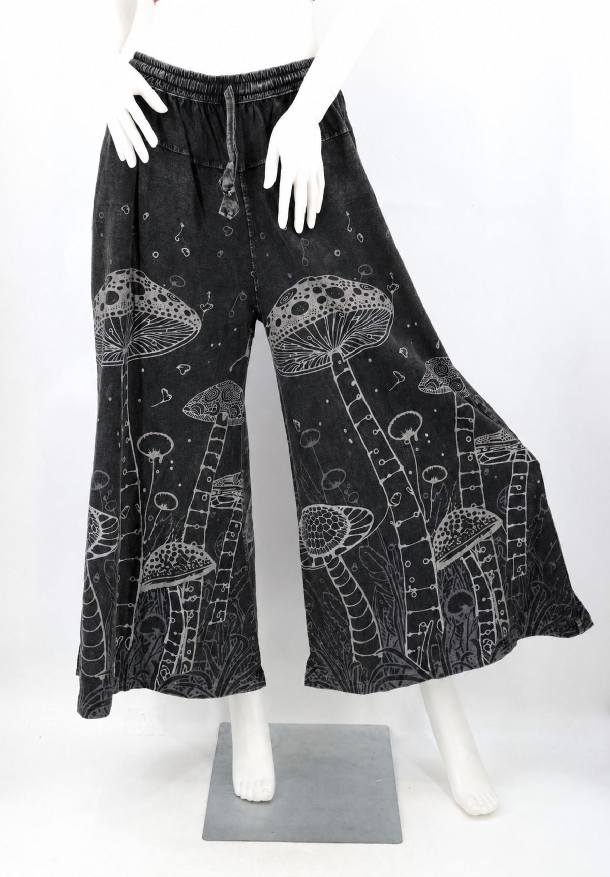 Mushroom Print Wide Leg Palazzo Pants | Stone-Washed Cotton