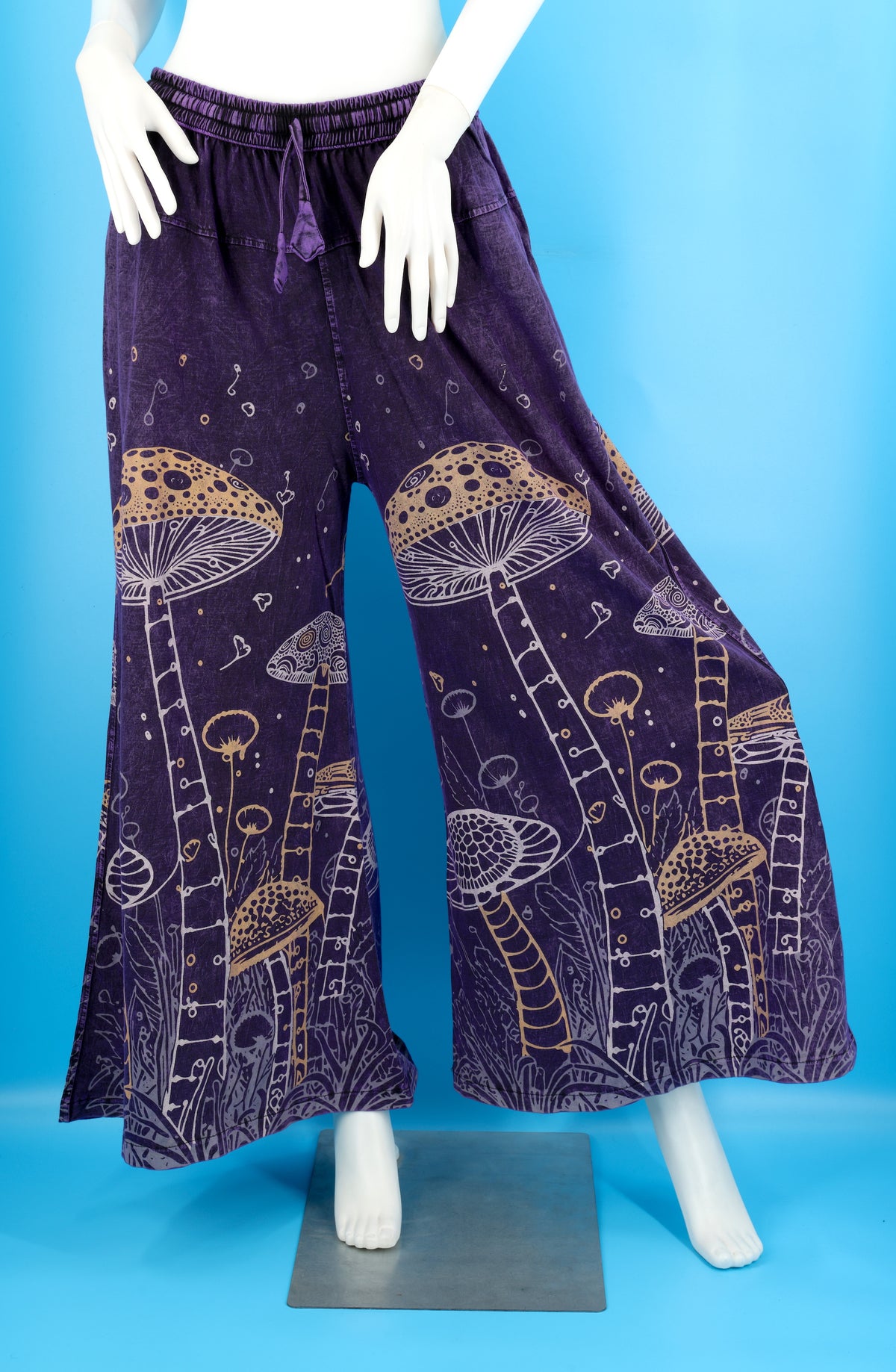Mushroom Print Wide Leg Palazzo Pants | Stone-Washed Cotton