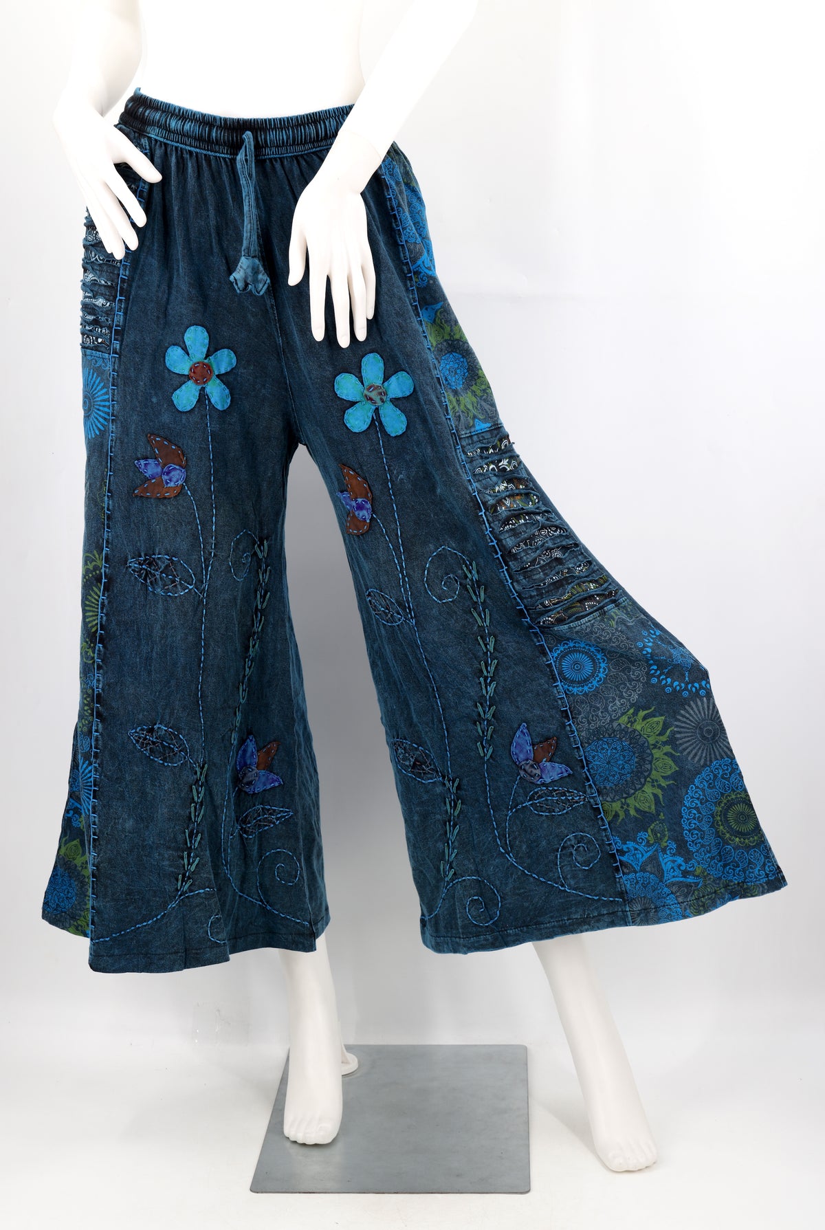 Weite Palazzo-Hose aus Baumwolle mit Blumenstickerei