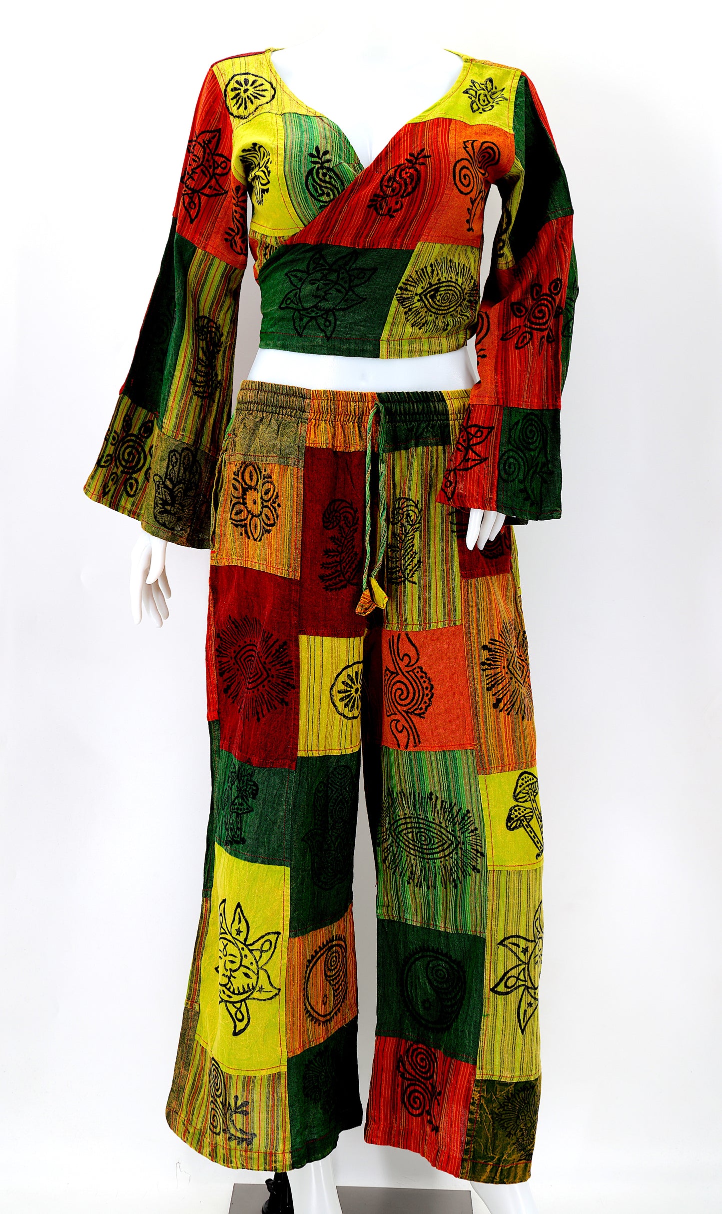 Cotton Hippie Handmade 2 Piece Patchwork Palazzo Bohemian Dress Set, Palazzo Pants