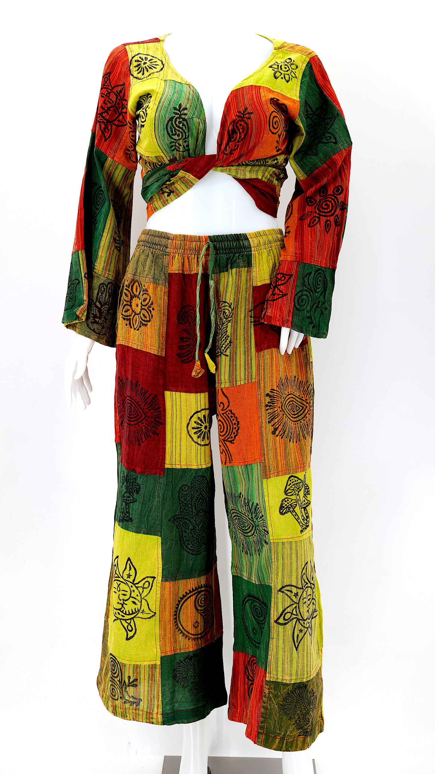 Cotton Hippie Handmade 2 Piece Patchwork Palazzo Bohemian Dress Set, Palazzo Pants