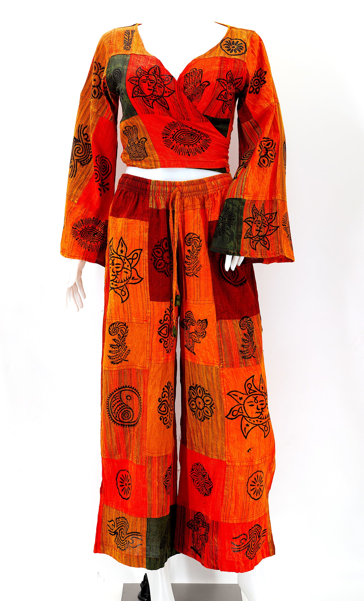 Cotton Hippie Handmade 2 Piece Patchwork Palazzo Bohemian Dress Set, Palazzo Pants