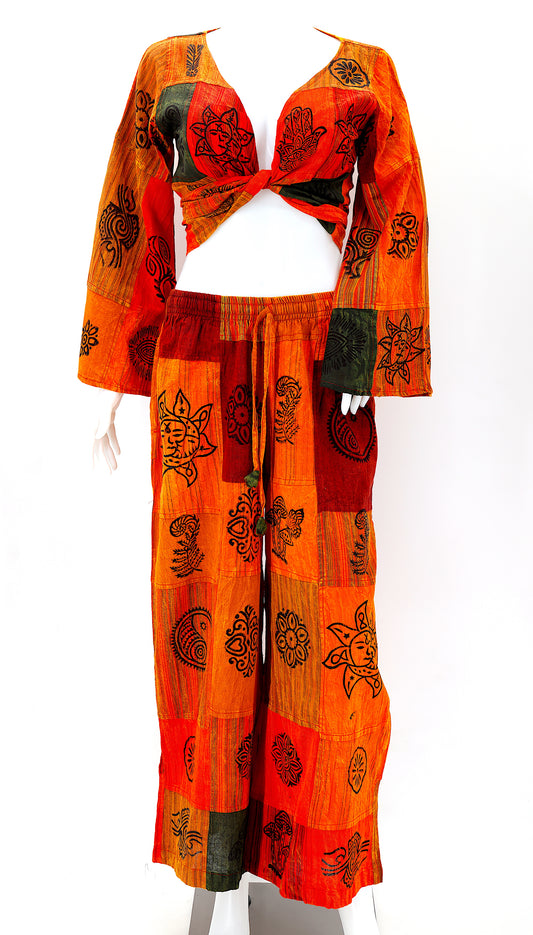 Cotton Hippie Handmade 2 Piece Patchwork Palazzo Bohemian Dress Set, Palazzo Pants