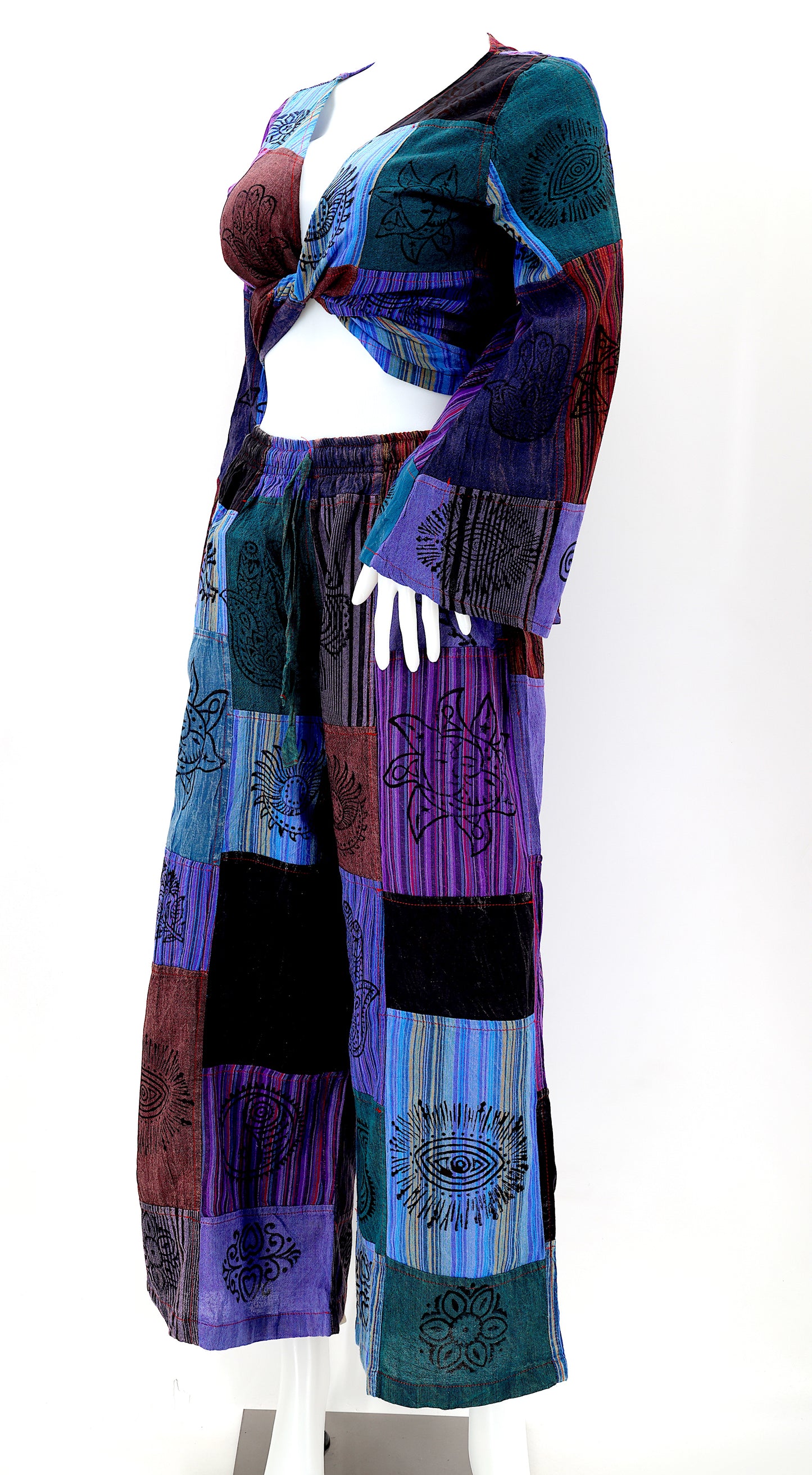Cotton Hippie Handmade 2 Piece Patchwork Palazzo Bohemian Dress Set, Palazzo Pants