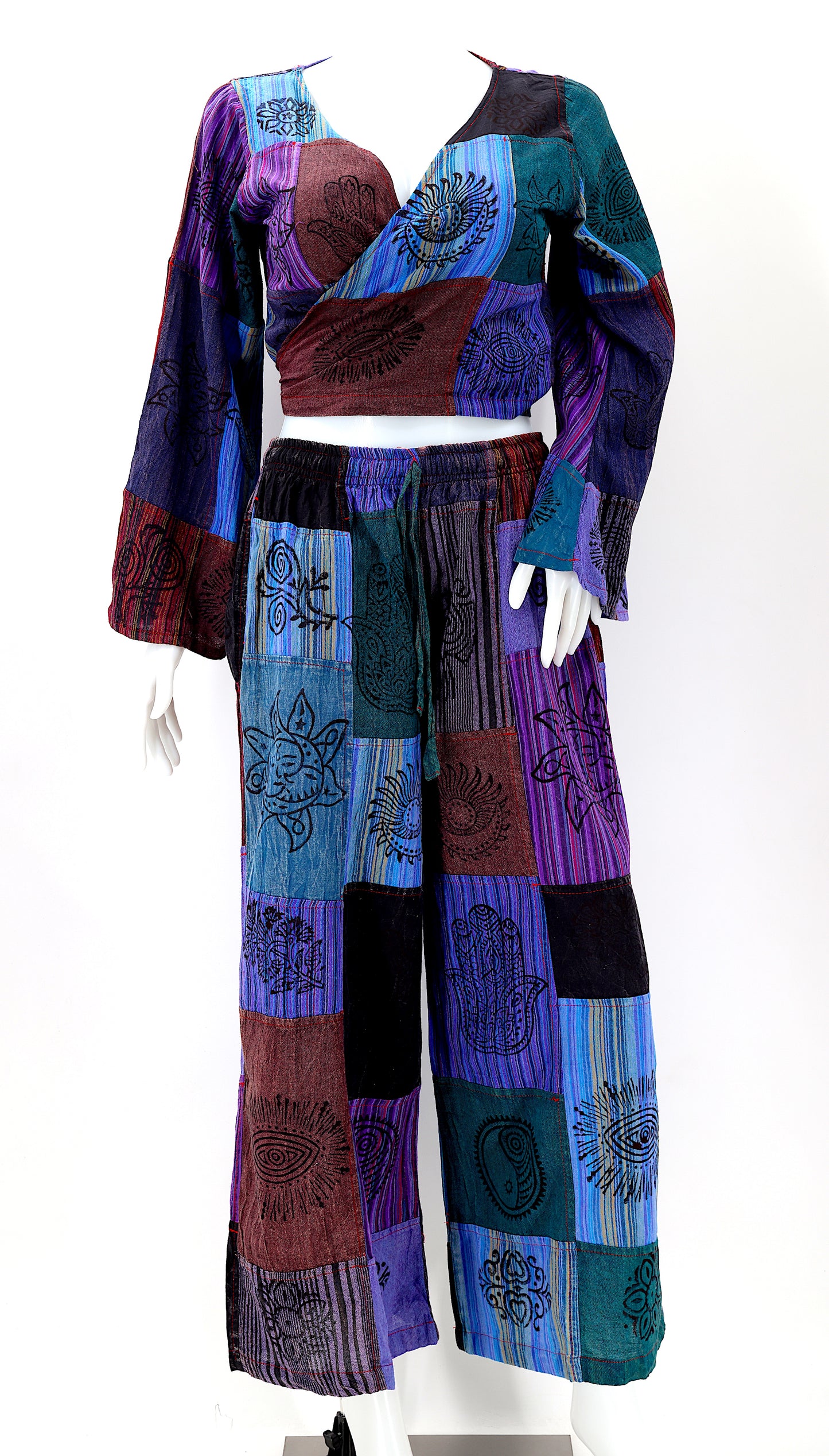 Cotton Hippie Handmade 2 Piece Patchwork Palazzo Bohemian Dress Set, Palazzo Pants