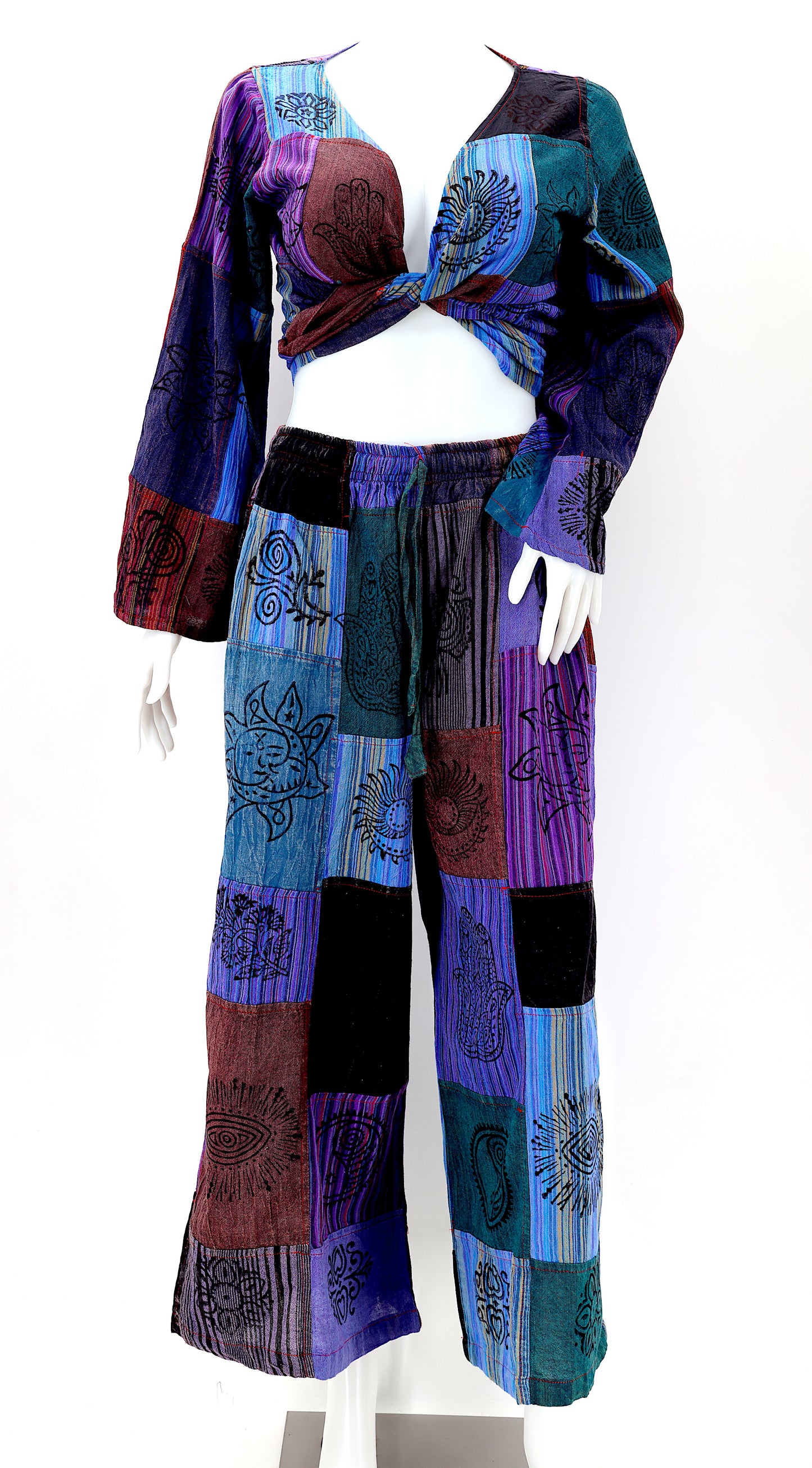 Cotton Hippie Handmade 2 Piece Patchwork Palazzo Bohemian Dress Set, Palazzo Pants