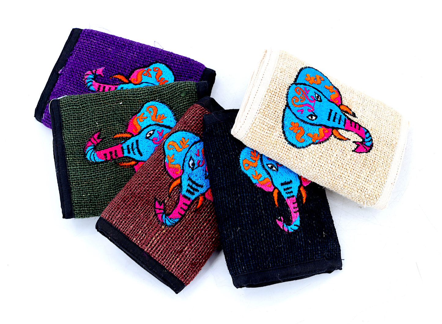 100%ヘンプ製ゾウの刺繍入り三つ折り財布