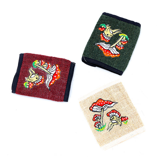 100% Hemp Frog Mushroom Hand Embroidered Tri-Fold Wallet