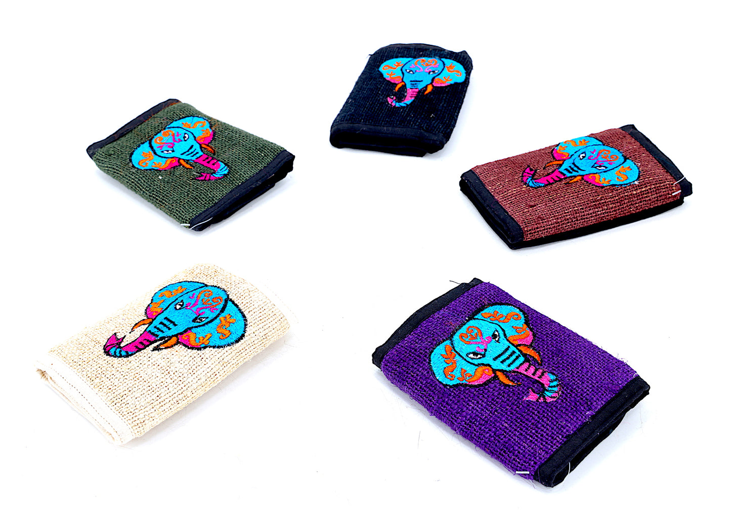 100%ヘンプ製ゾウの刺繍入り三つ折り財布