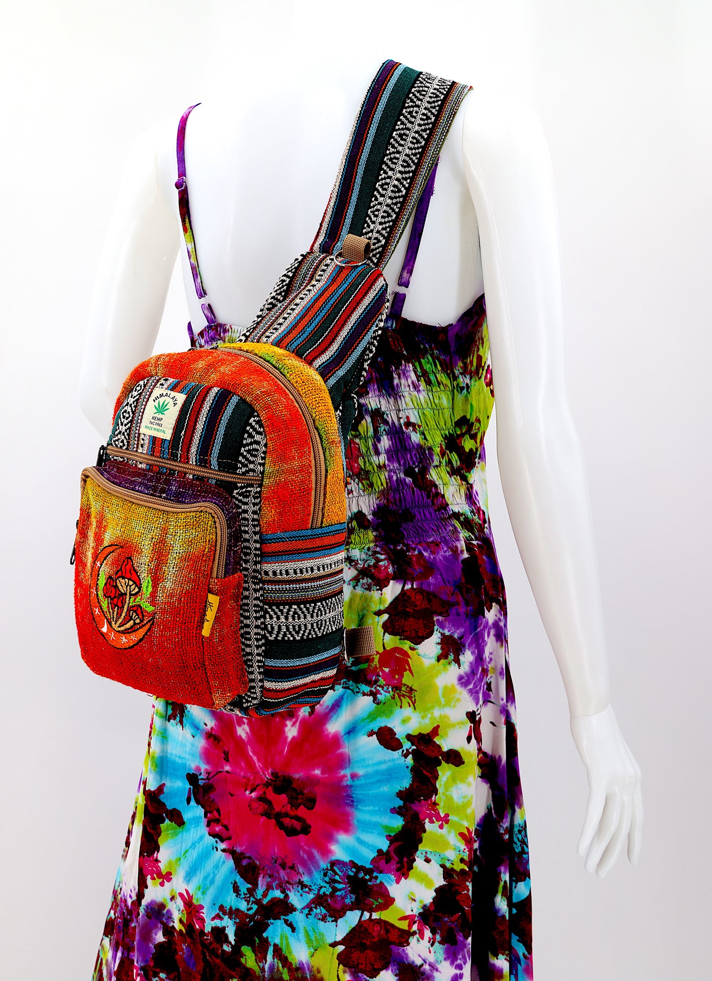 Hemp Moon Mushroom Hand Embroidered Sling Backpack