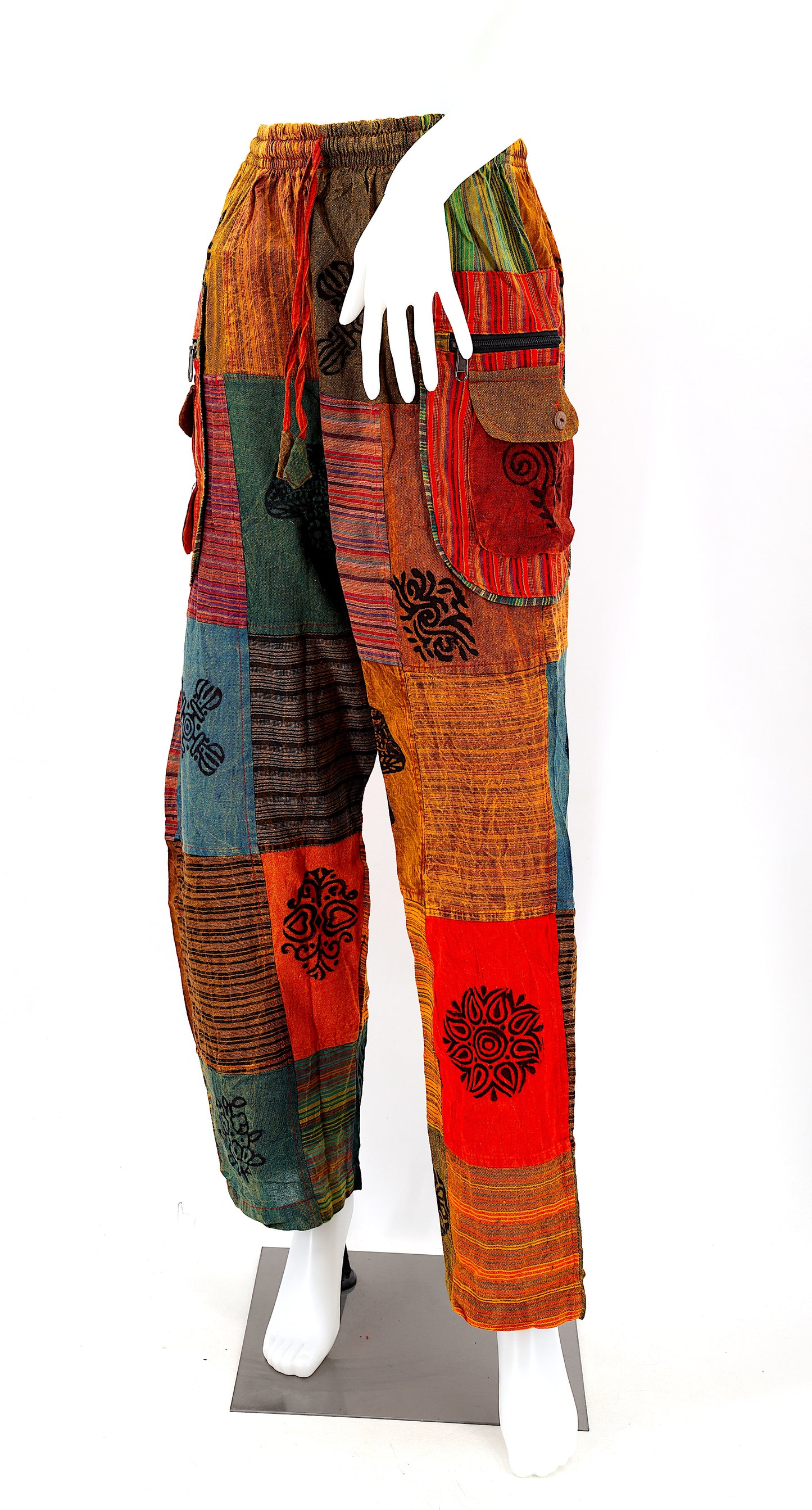 Pantalon Sarouel Bohème Patchwork | Pantalon Artisanal en Coton Imprimé au Tampon