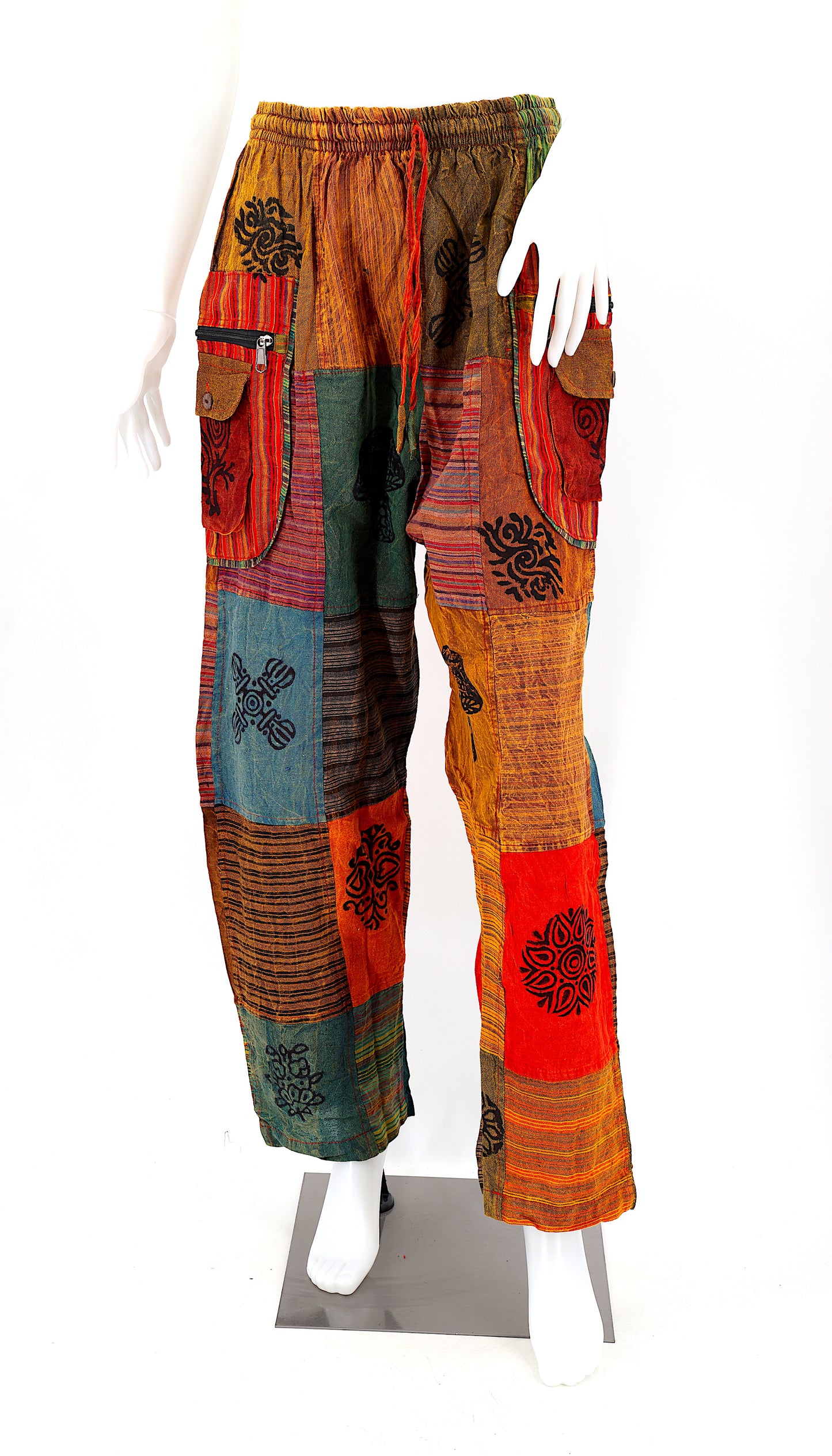 Pantalon Sarouel Bohème Patchwork | Pantalon Artisanal en Coton Imprimé au Tampon