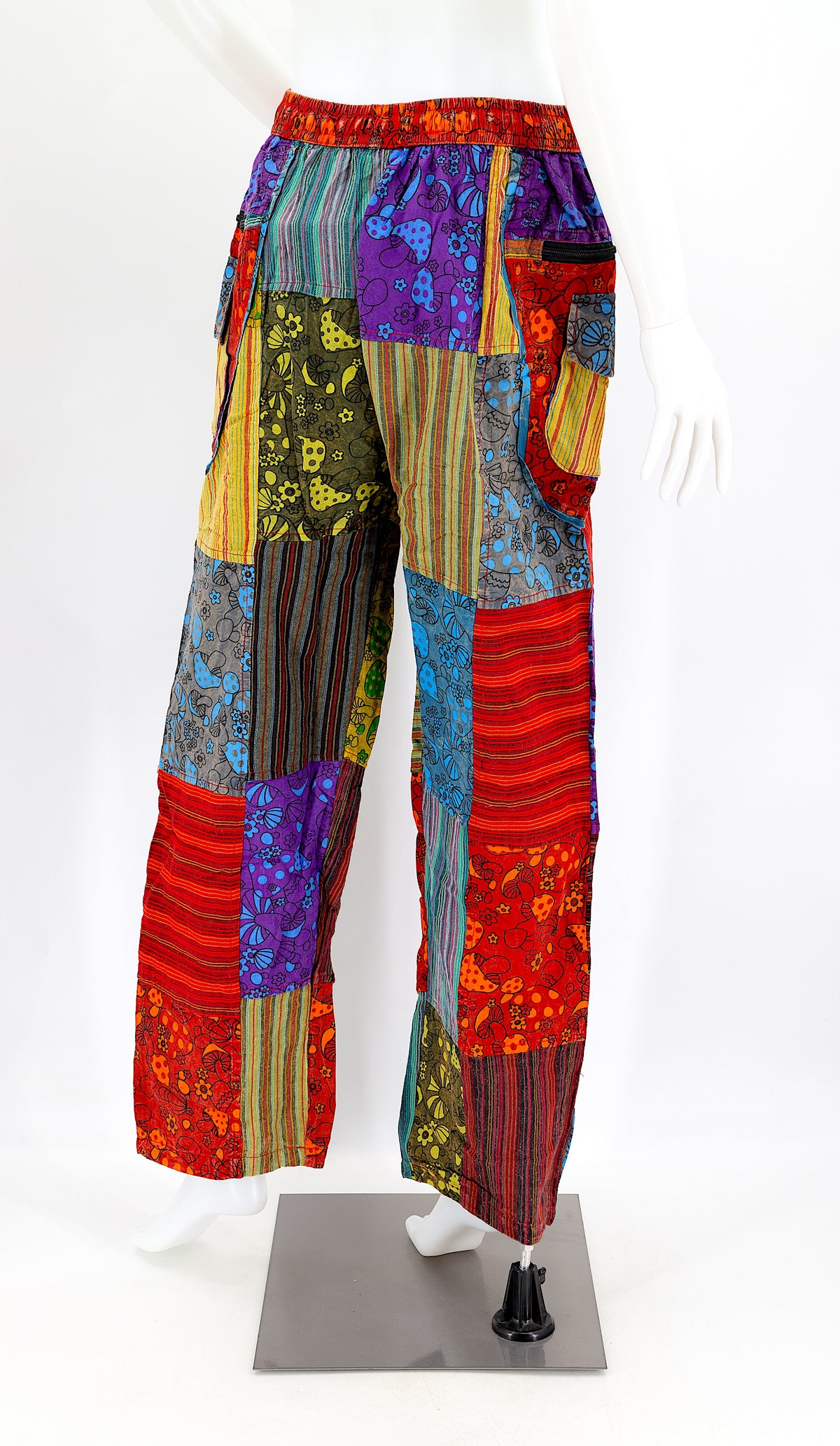 Künstlerische Pilz-Patchwork-Baumwollhose mit geradem Bein