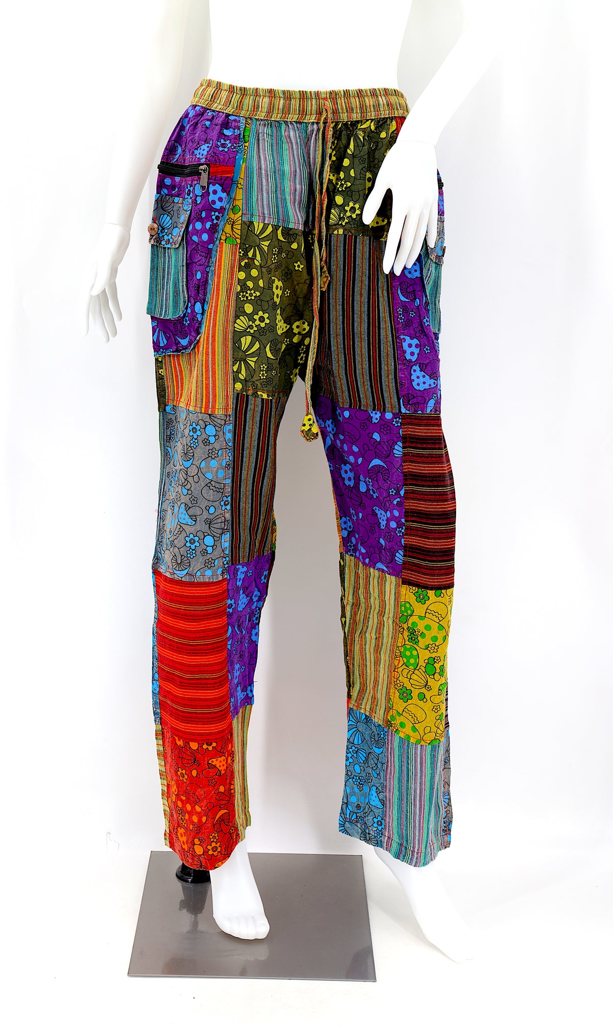 Künstlerische Pilz-Patchwork-Baumwollhose mit geradem Bein