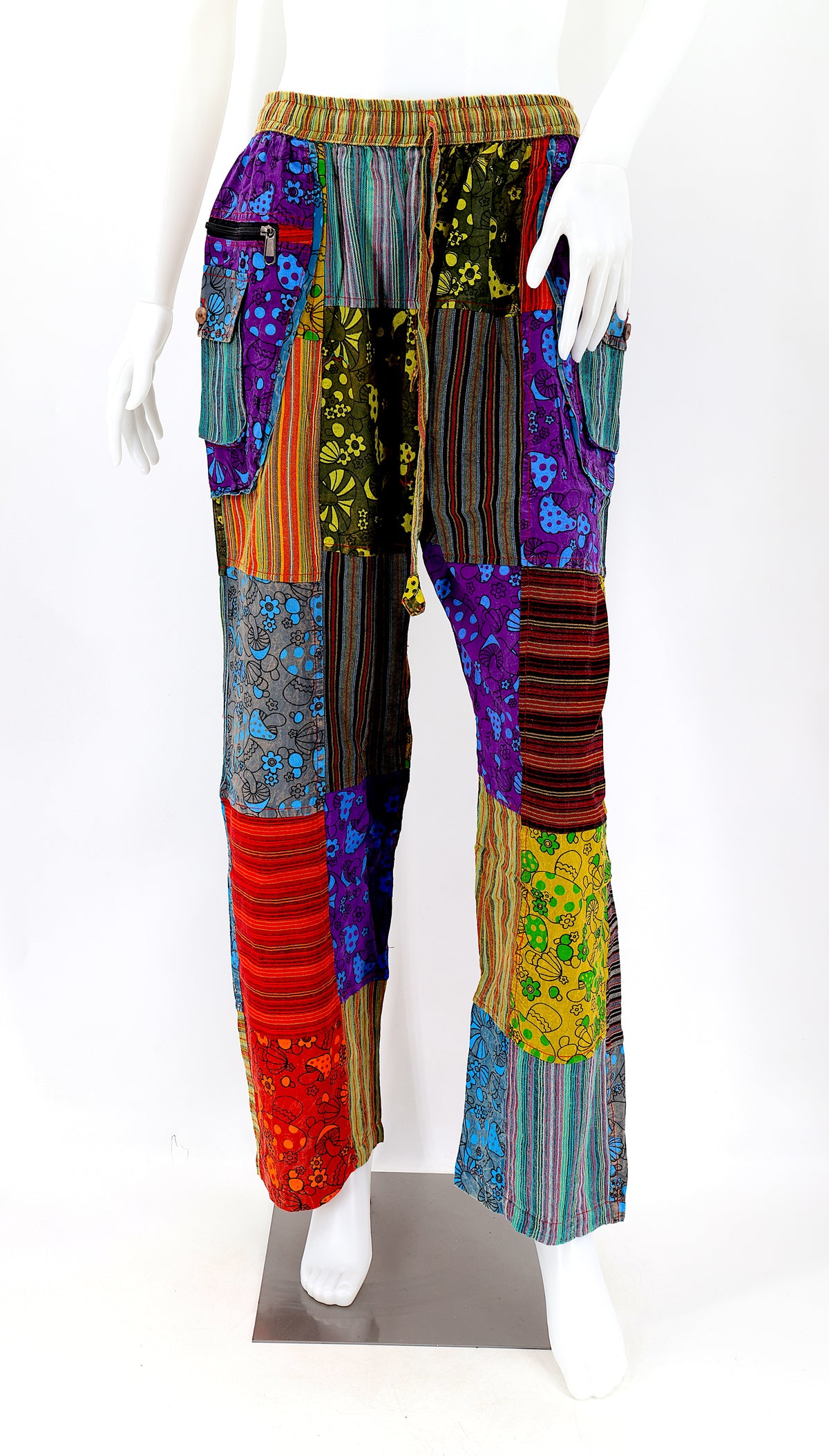 Künstlerische Pilz-Patchwork-Baumwollhose mit geradem Bein