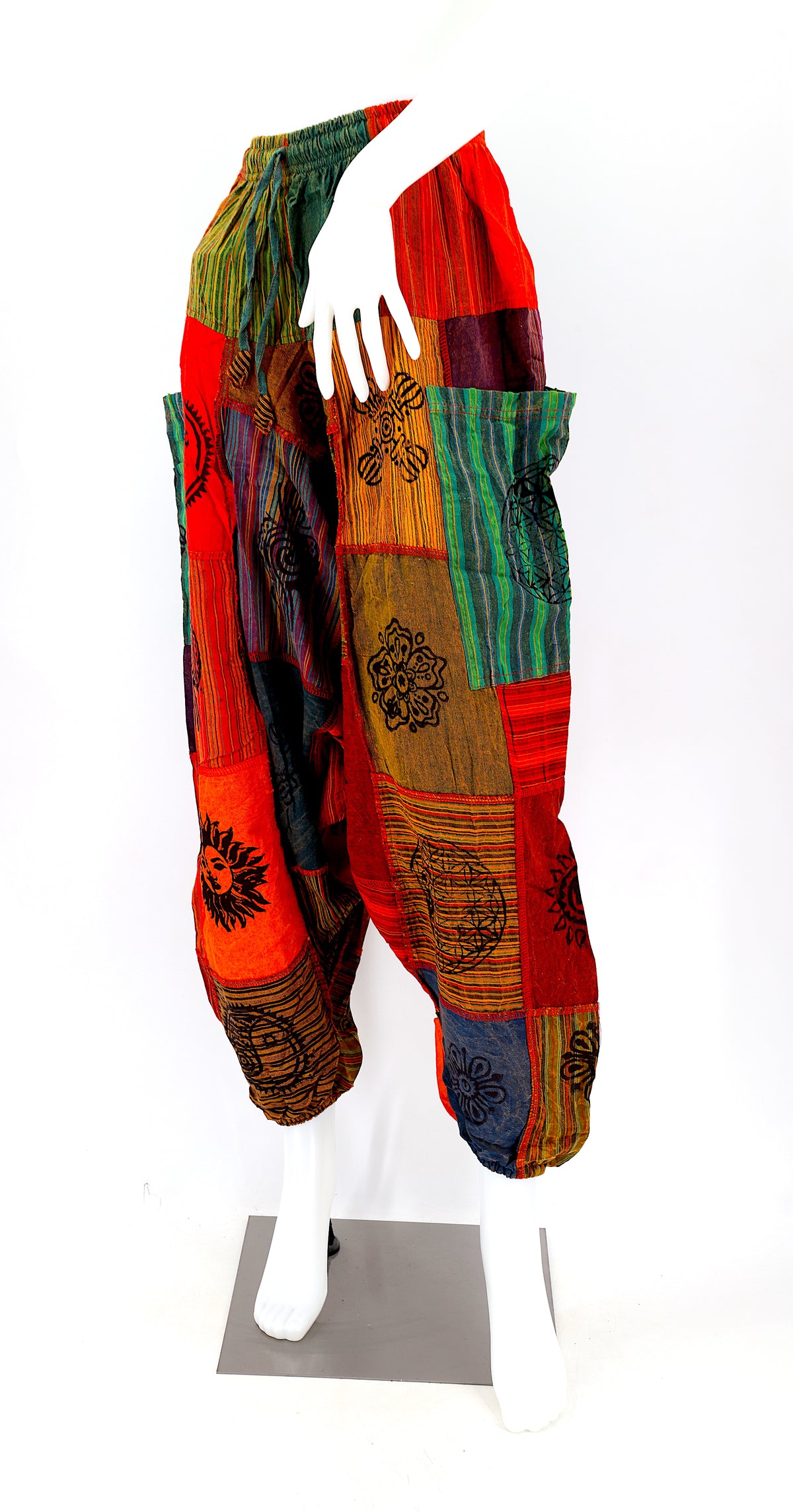 Einheitsgröße Patchwork Aladdin-Hose | Haremshose mit tiefem Schritt
