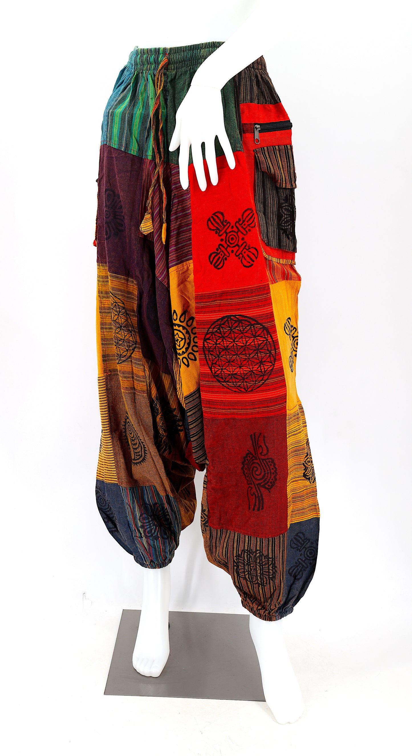 Patchwork-Aladdin-Hose mit Reißverschlüssen | Einheitsgröße Baumwollhose