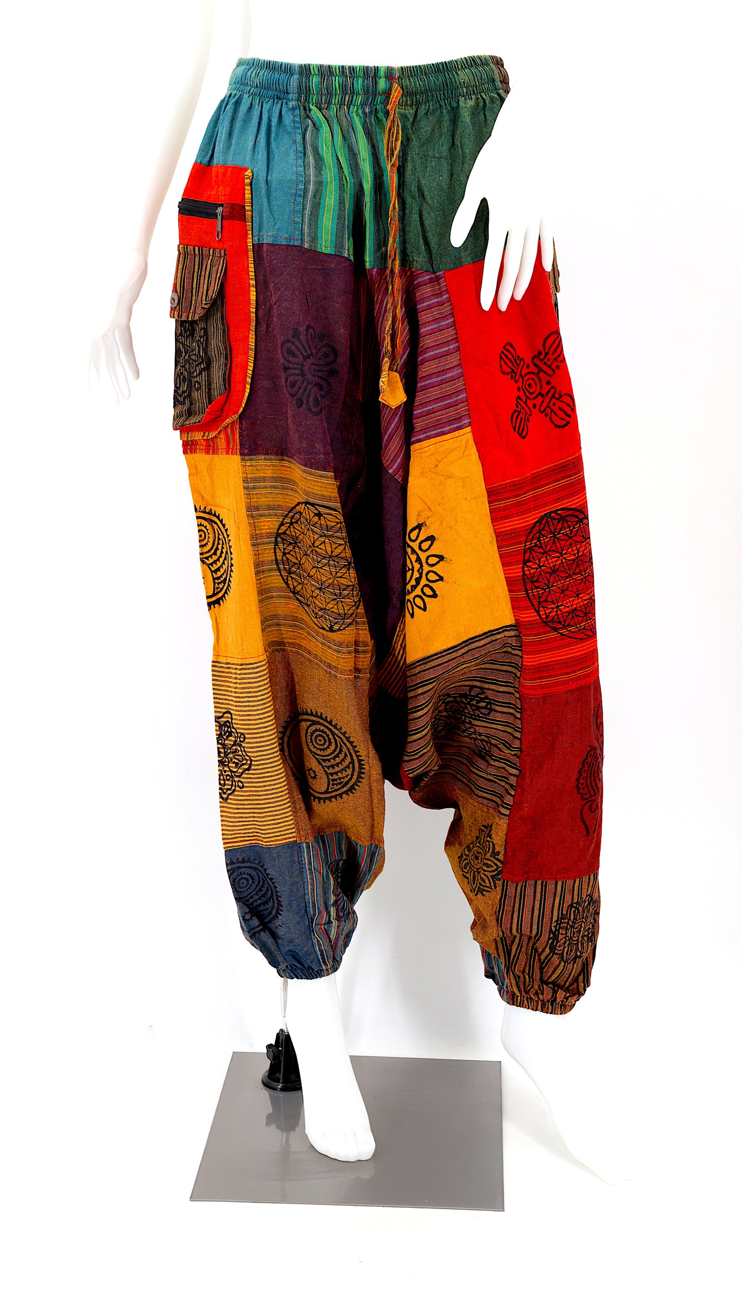 Patchwork-Aladdin-Hose mit Reißverschlüssen | Einheitsgröße Baumwollhose
