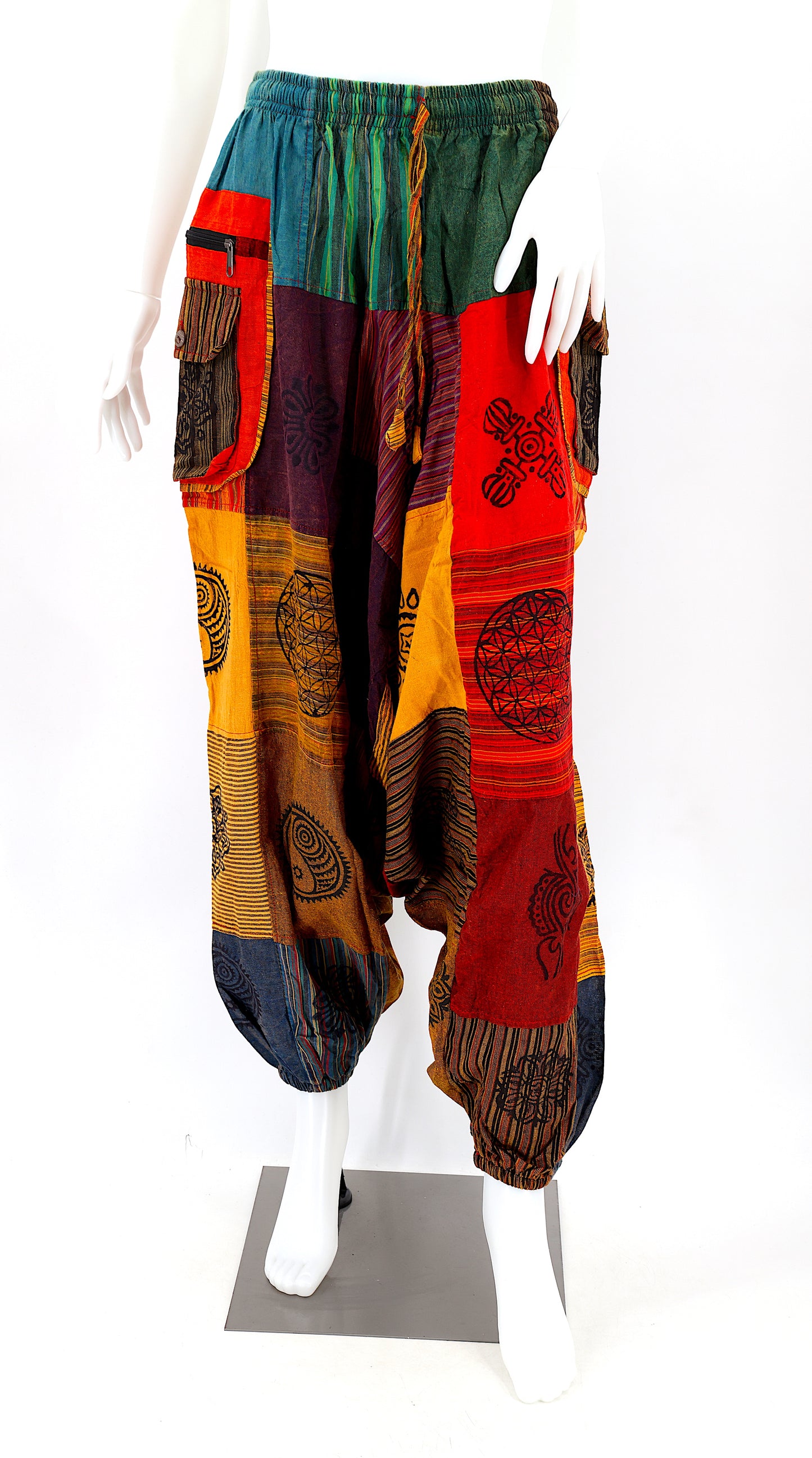 Patchwork-Aladdin-Hose mit Reißverschlüssen | Einheitsgröße Baumwollhose
