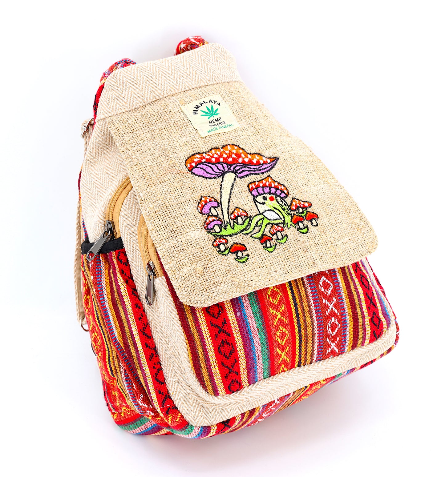 Hemp Frog Mushroom Hand Embroidered Convertible Backpack