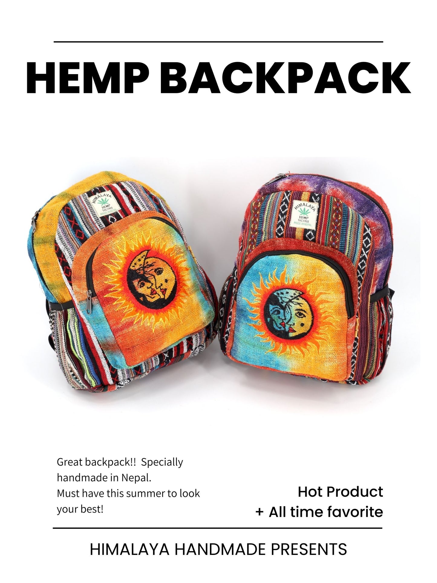 Hemp Sun and Moon Hand Embroidered Tie Dye Mini Backpack