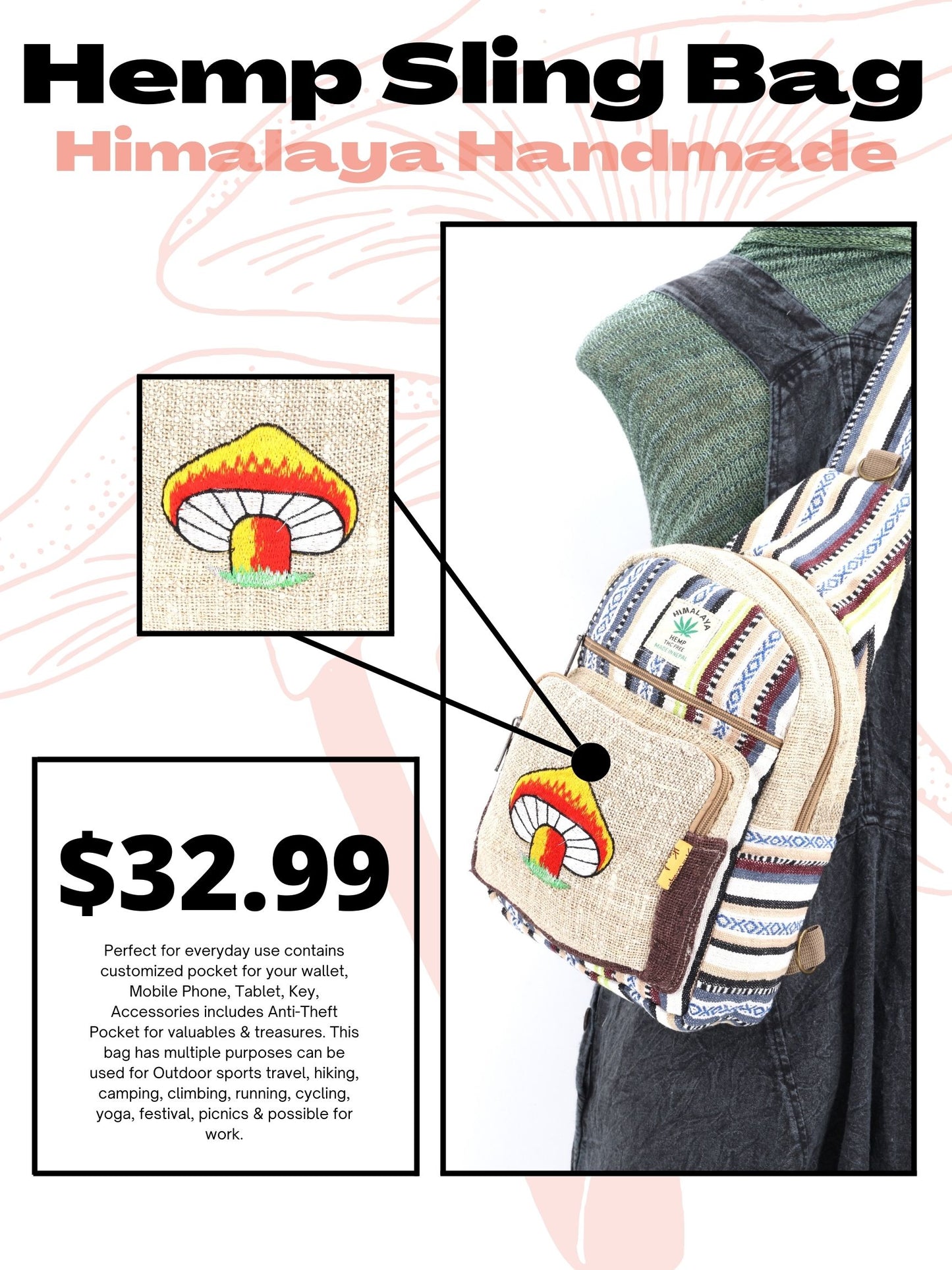 Hemp Mushroom Hand Embroidered Sling Backpack