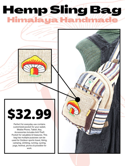 Mushroom Hemp Sling Backpack | Embroidered Shoulder Bag