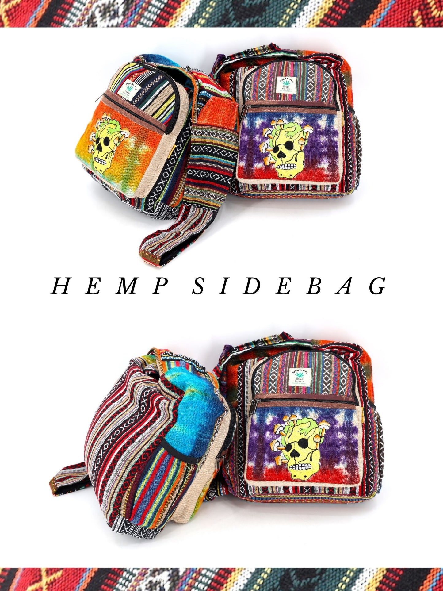 Hemp Skull Mushroom Hand Embroidered Tie Dye Crossbody Bag