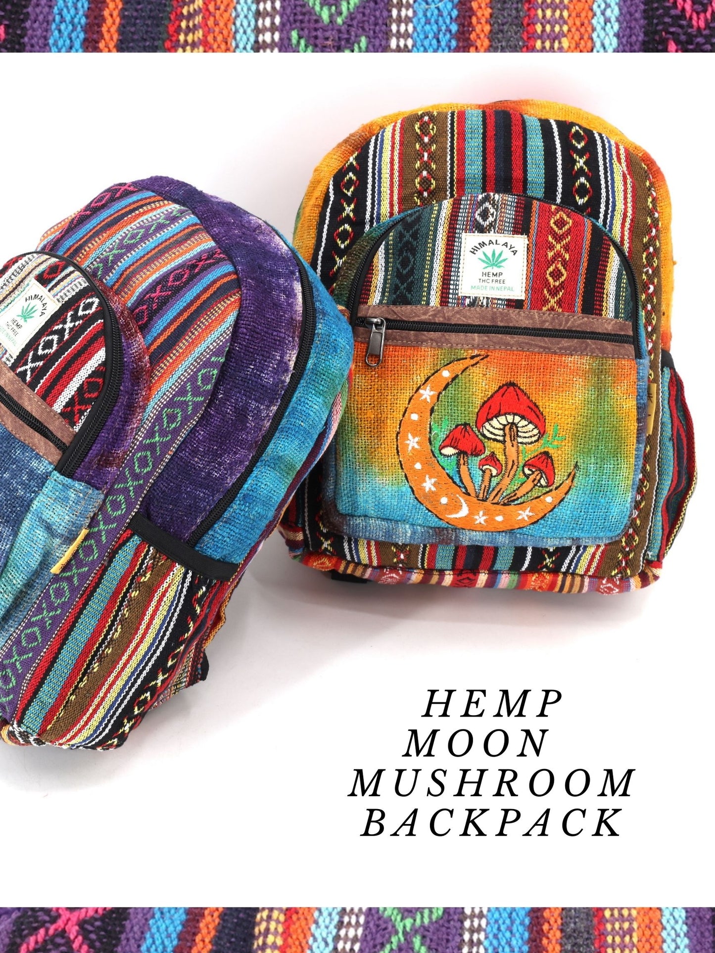 Hemp Moon Mushroom Hand Embroidered Tie Dye Mini Backpack