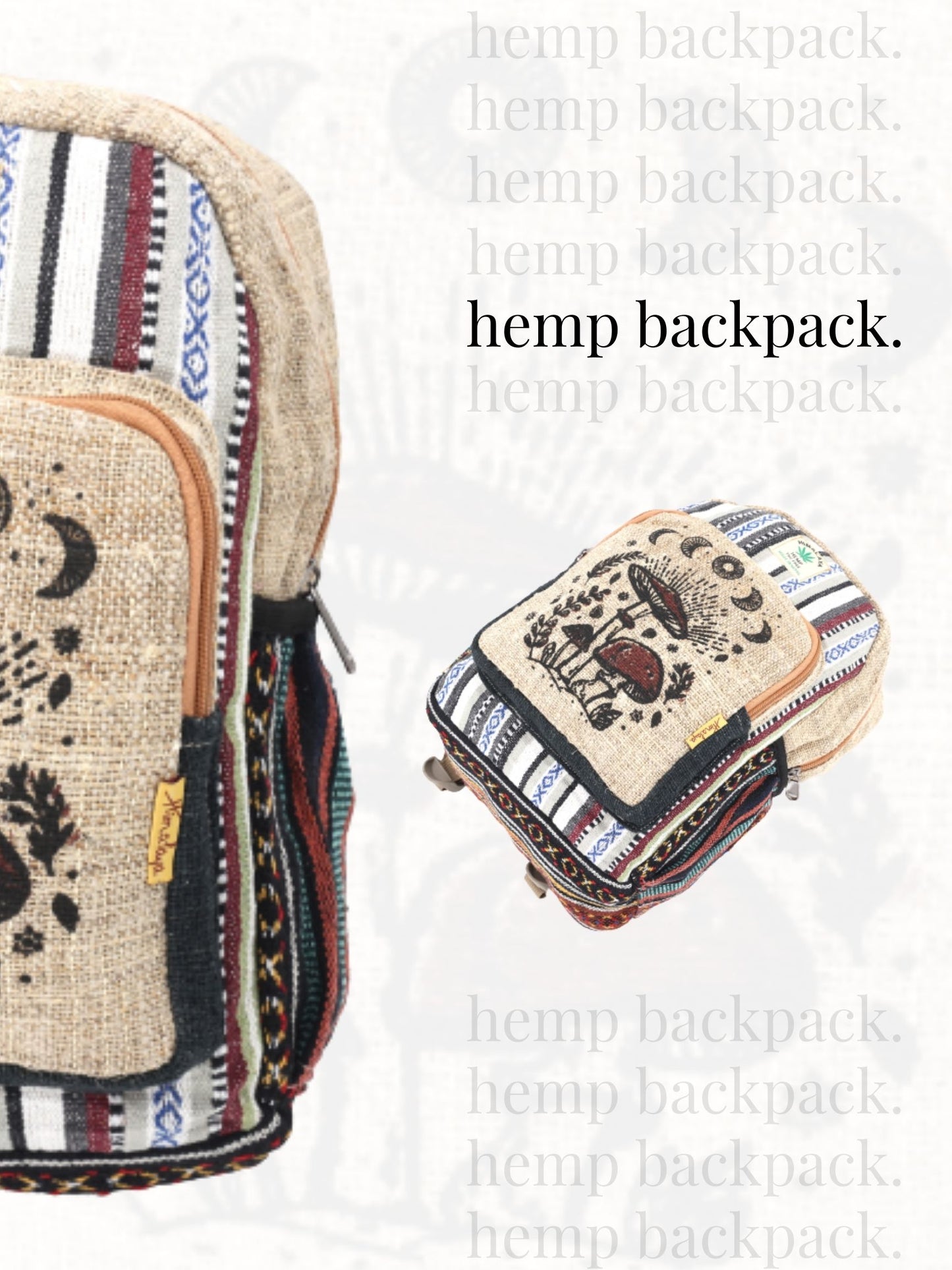 Hemp Mushroom Print Handmade Mini Backpack