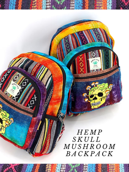 Skull & Mushroom Hemp Mini Backpack | Tie Dye Hand Embroidered Bag