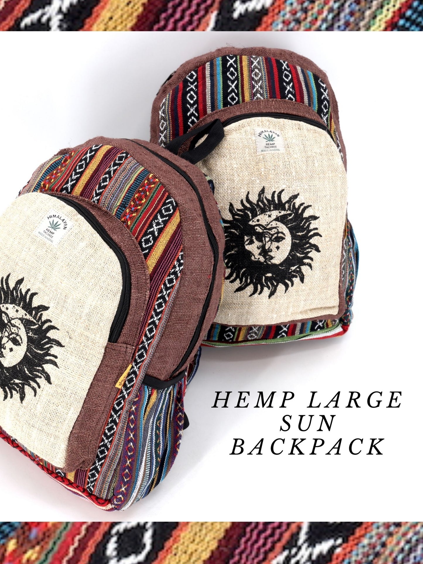 Hemp Sun and Moon Print Handmade Large Backpack